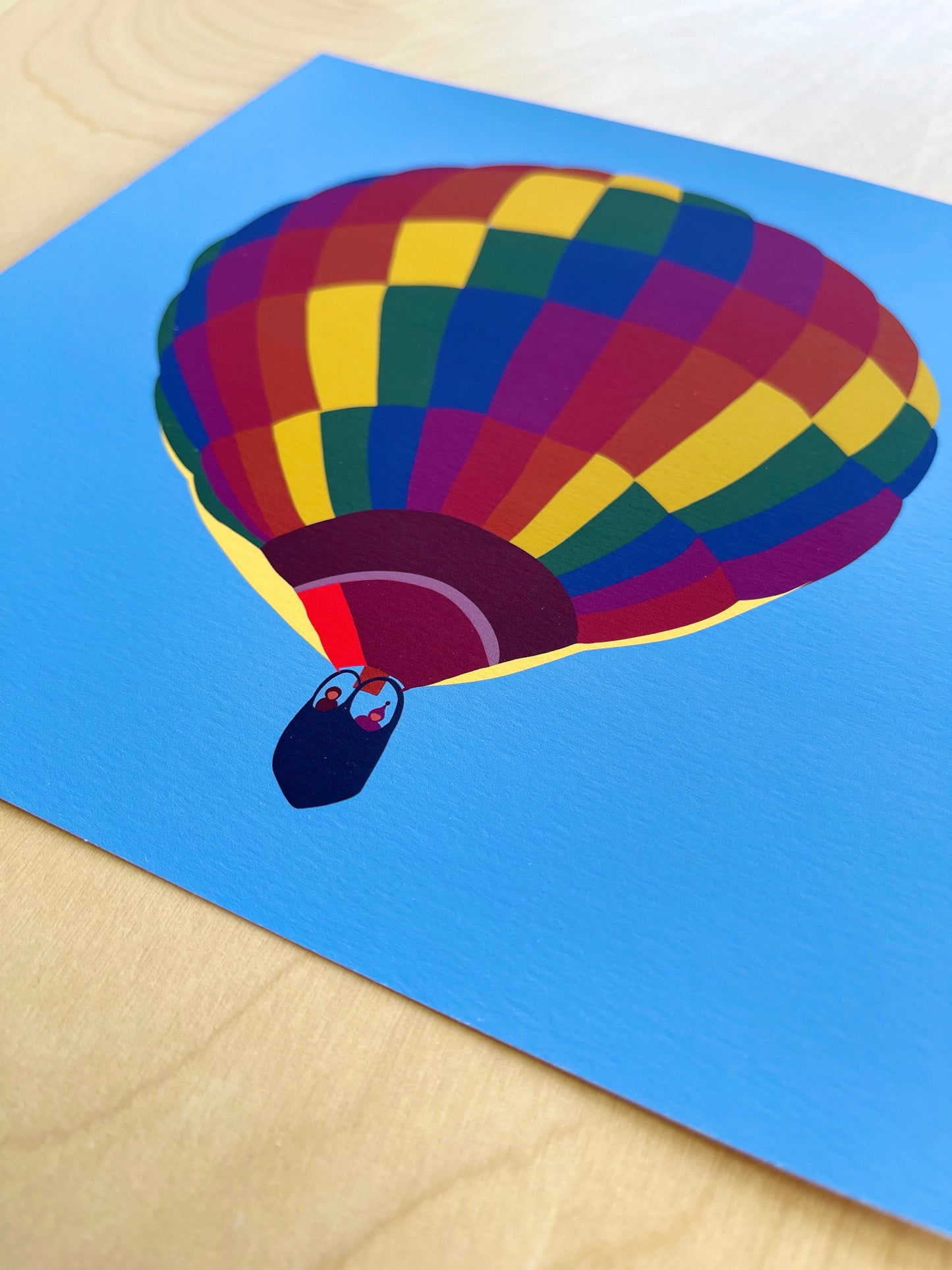 CB. Print of my shadowed Rainbow Hot Air Balloon drawing 8” square