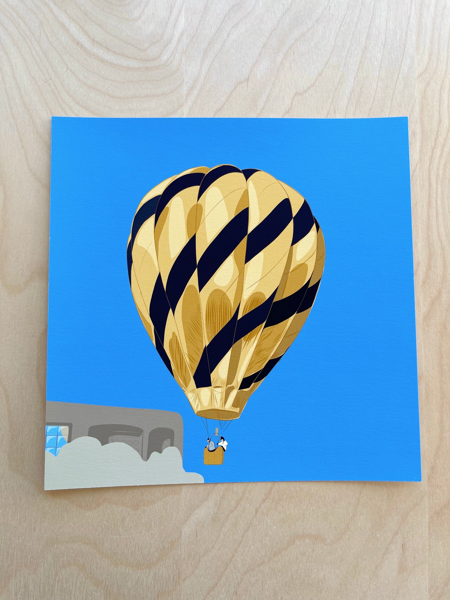 CB. Print of my Black & Gold Hot Air Balloon drawing 8” square