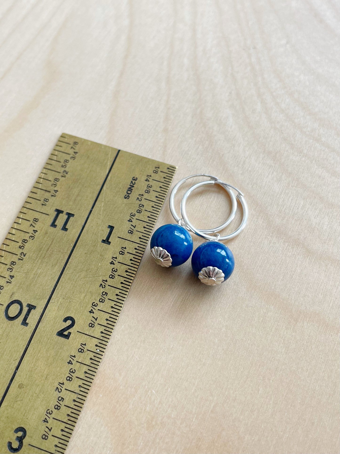 CD. Royal Blue Jade dangles on sterling silver hoop earrings