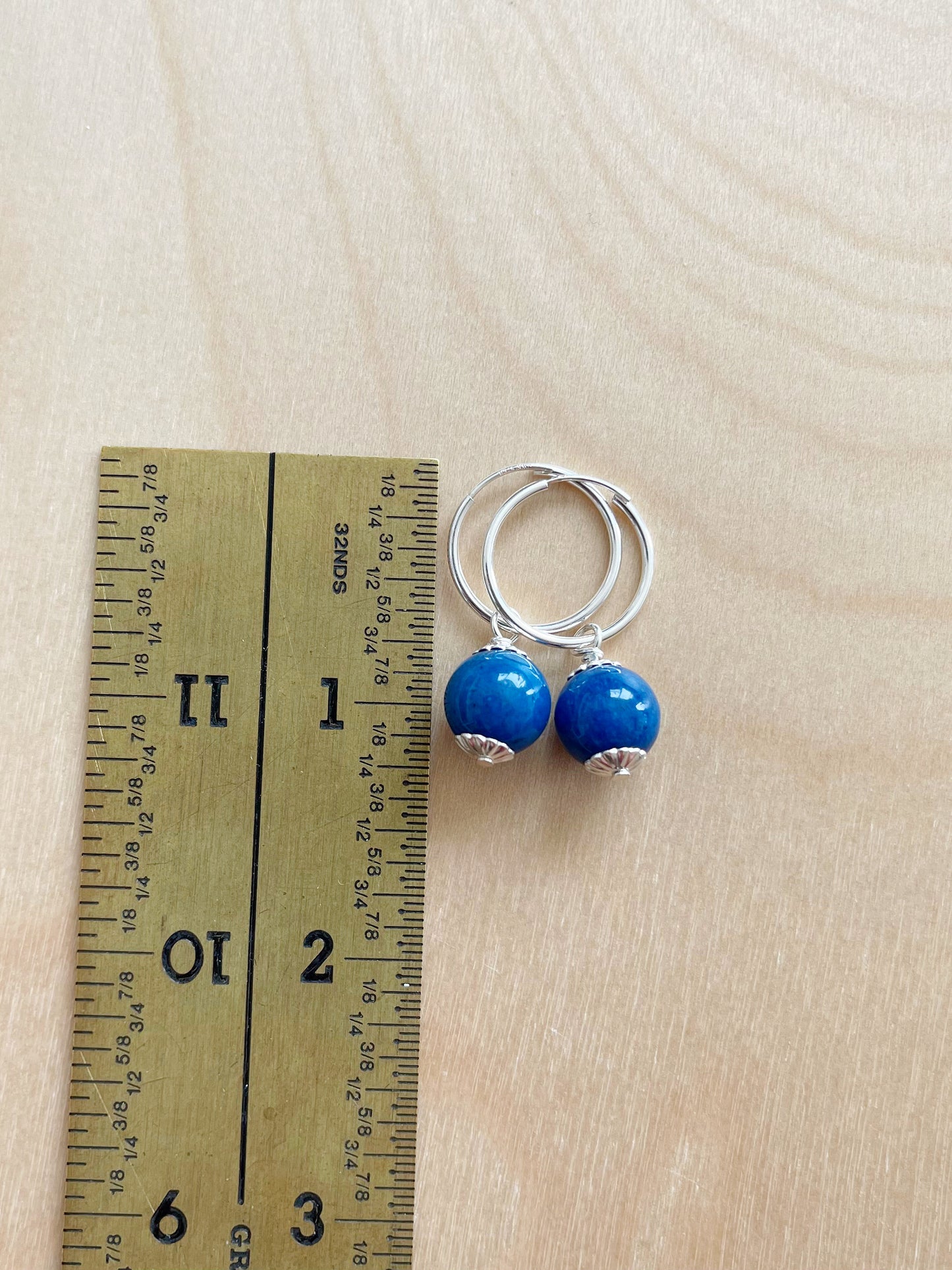 CD. Royal Blue Jade dangles on sterling silver hoop earrings