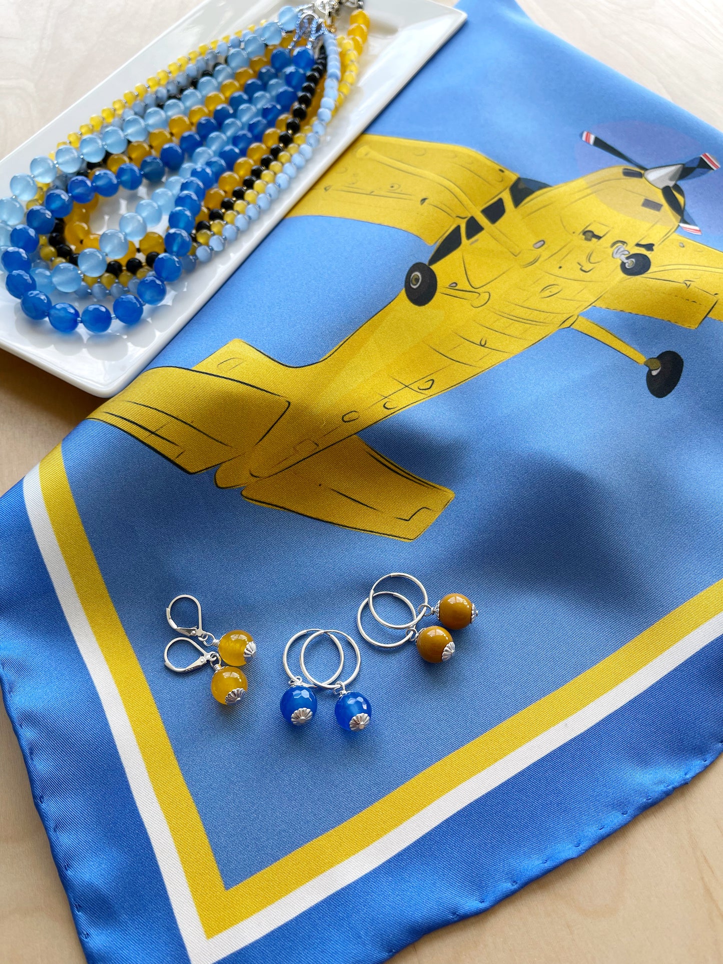 CC. Special Order Yellow Plane in a Blue Sky Silk Twill Scarf