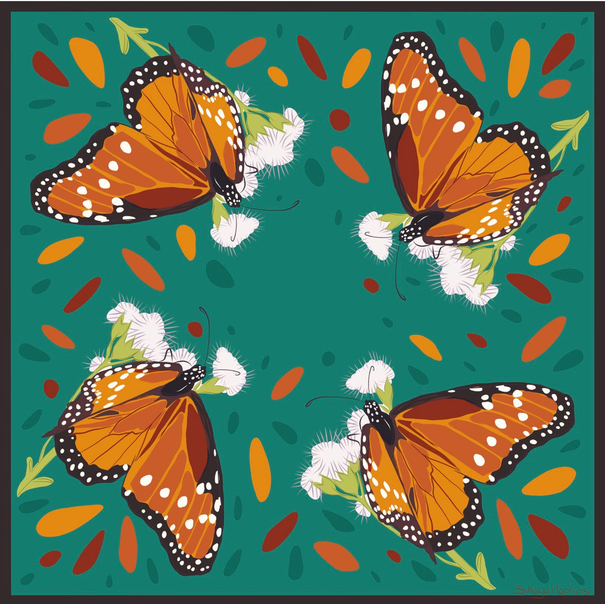 AE. Monarch Butterfly Teal Background Four Corner Repeat Print
