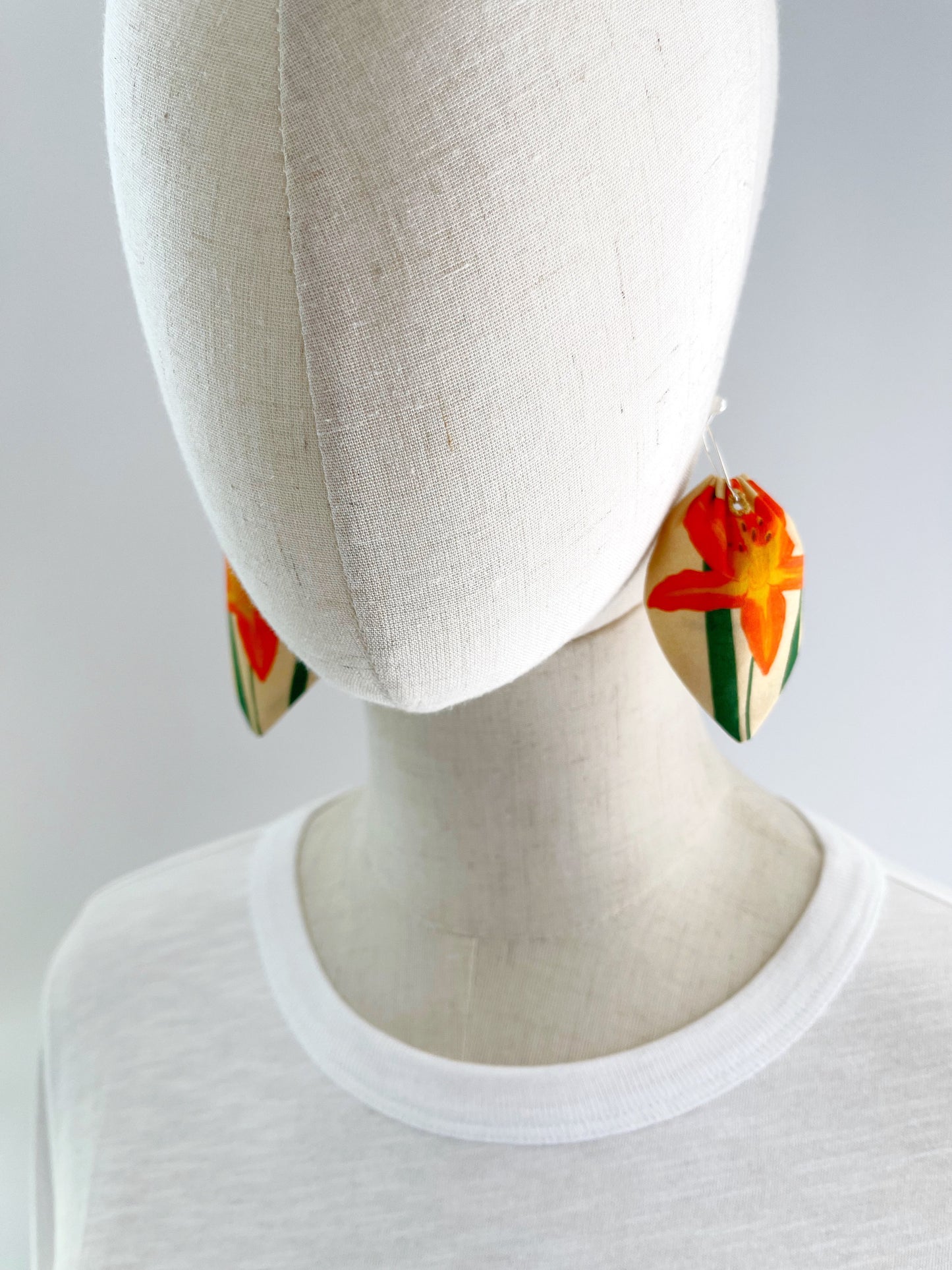 E. Orange Day Lilies large petal cotton statement earrings