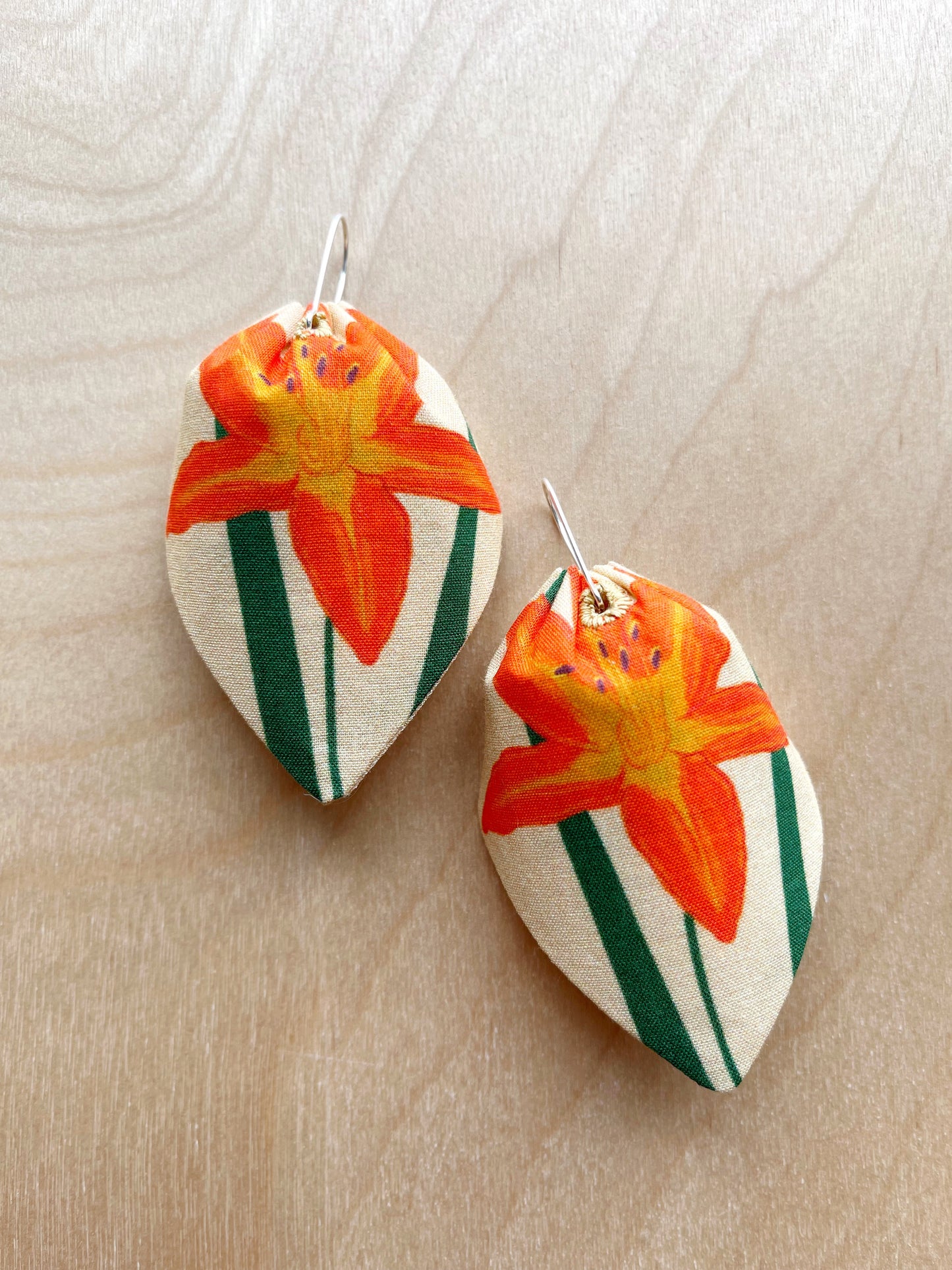 E. Orange Day Lilies large petal cotton statement earrings