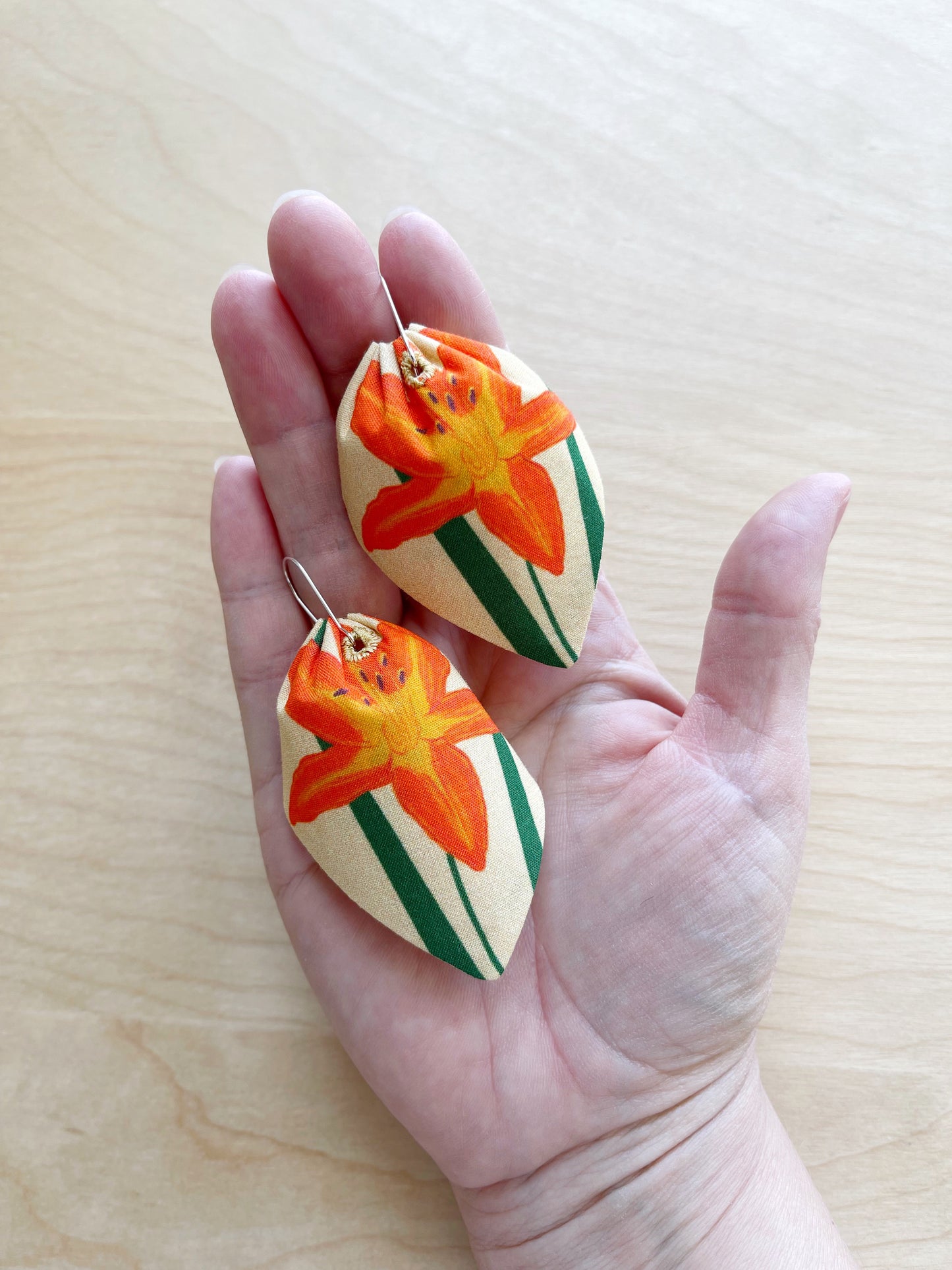 E. Orange Day Lilies large petal cotton statement earrings