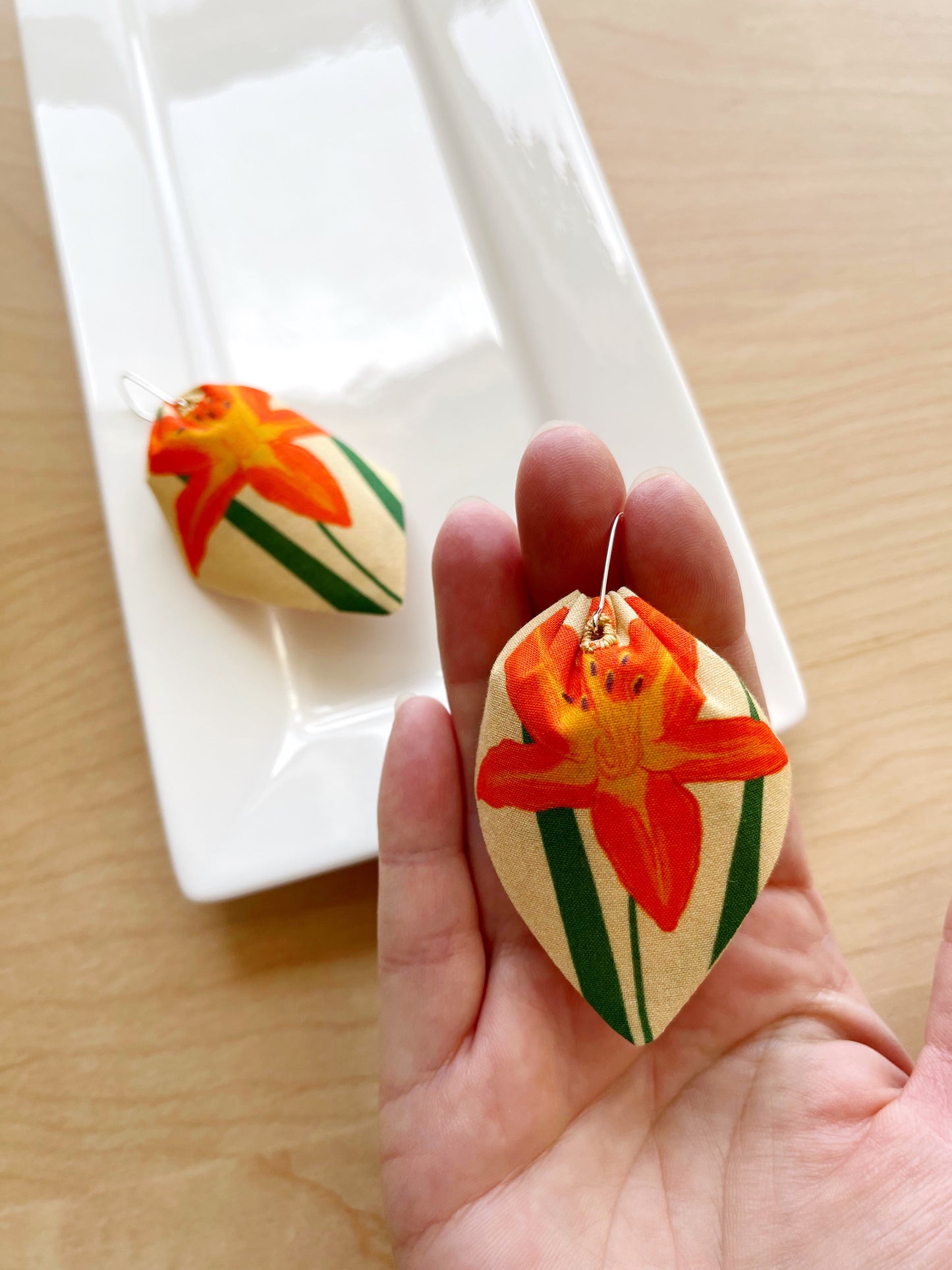 E. Orange Day Lilies large petal cotton statement earrings