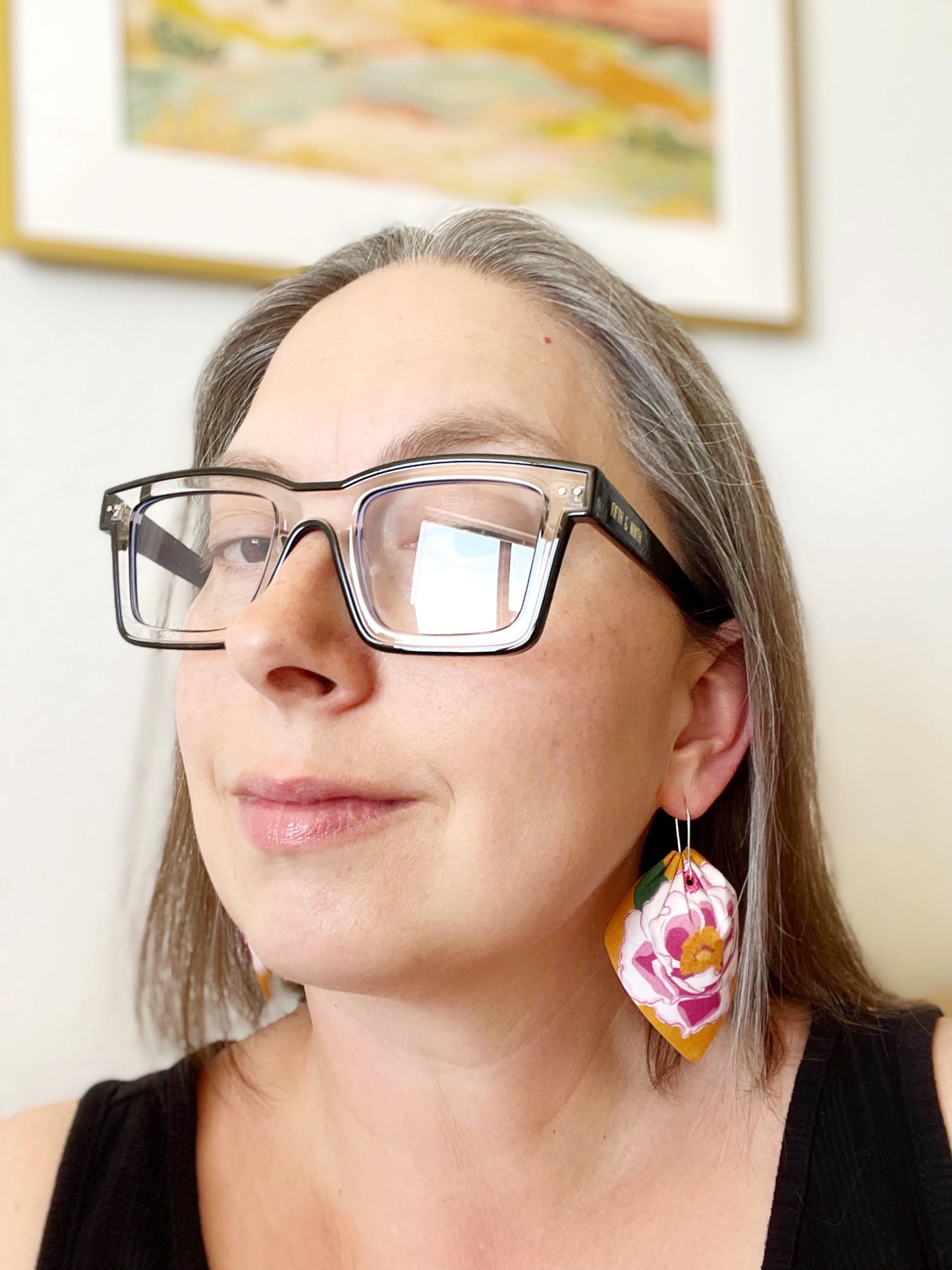 E. Special Order Magenta Peonies on a yellow ocher background large petal cotton statement earrings