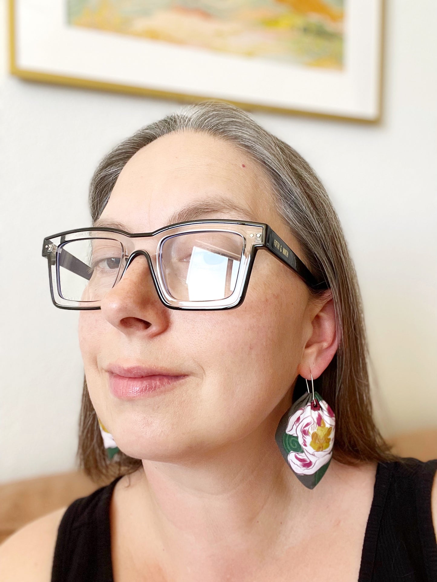 E. Special Order Magenta & pale pink Tulips on brown large petal cotton statement earrings
