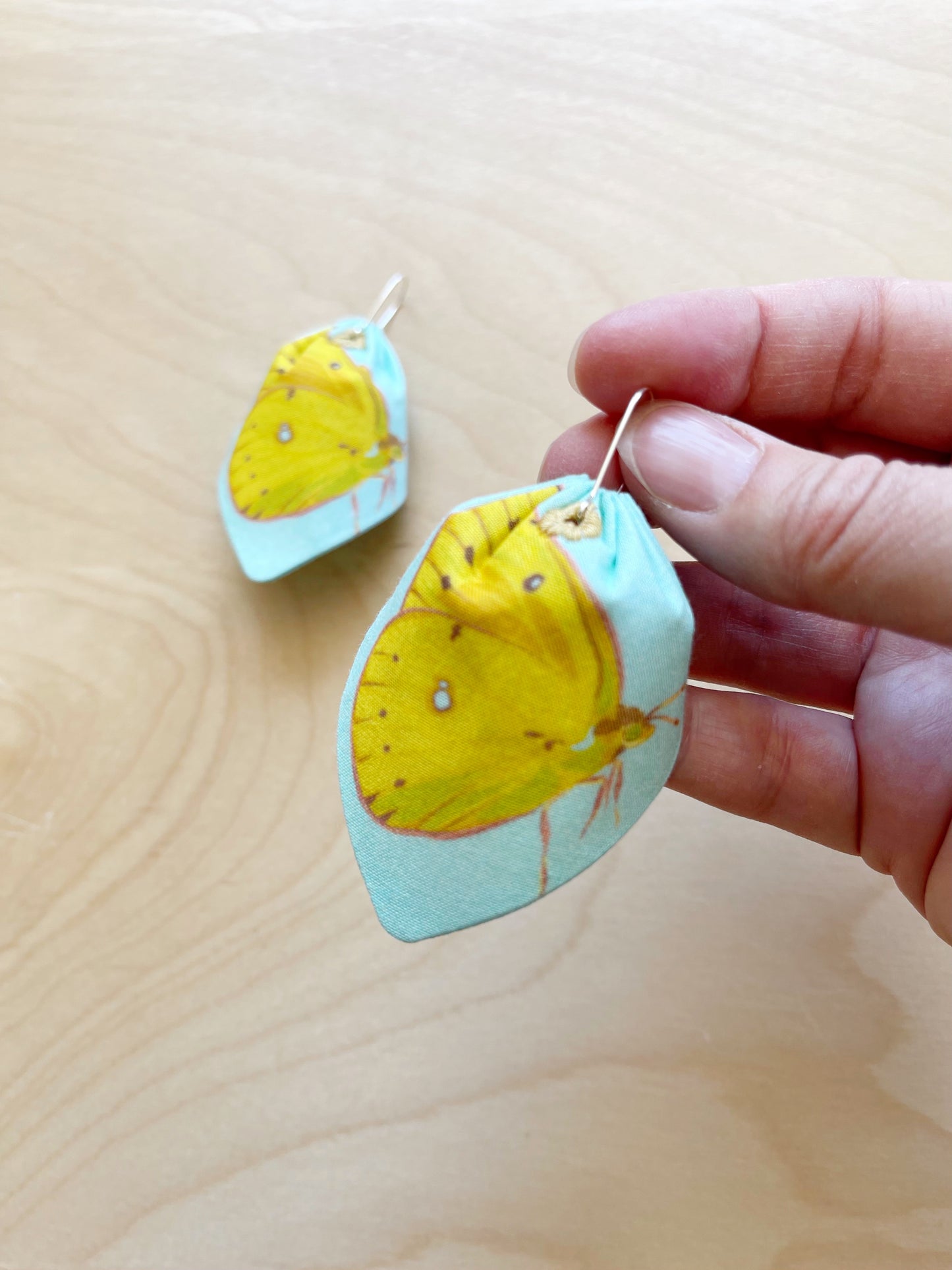 CG. Lemon Yellow Butterflies large petal cotton statement earrings