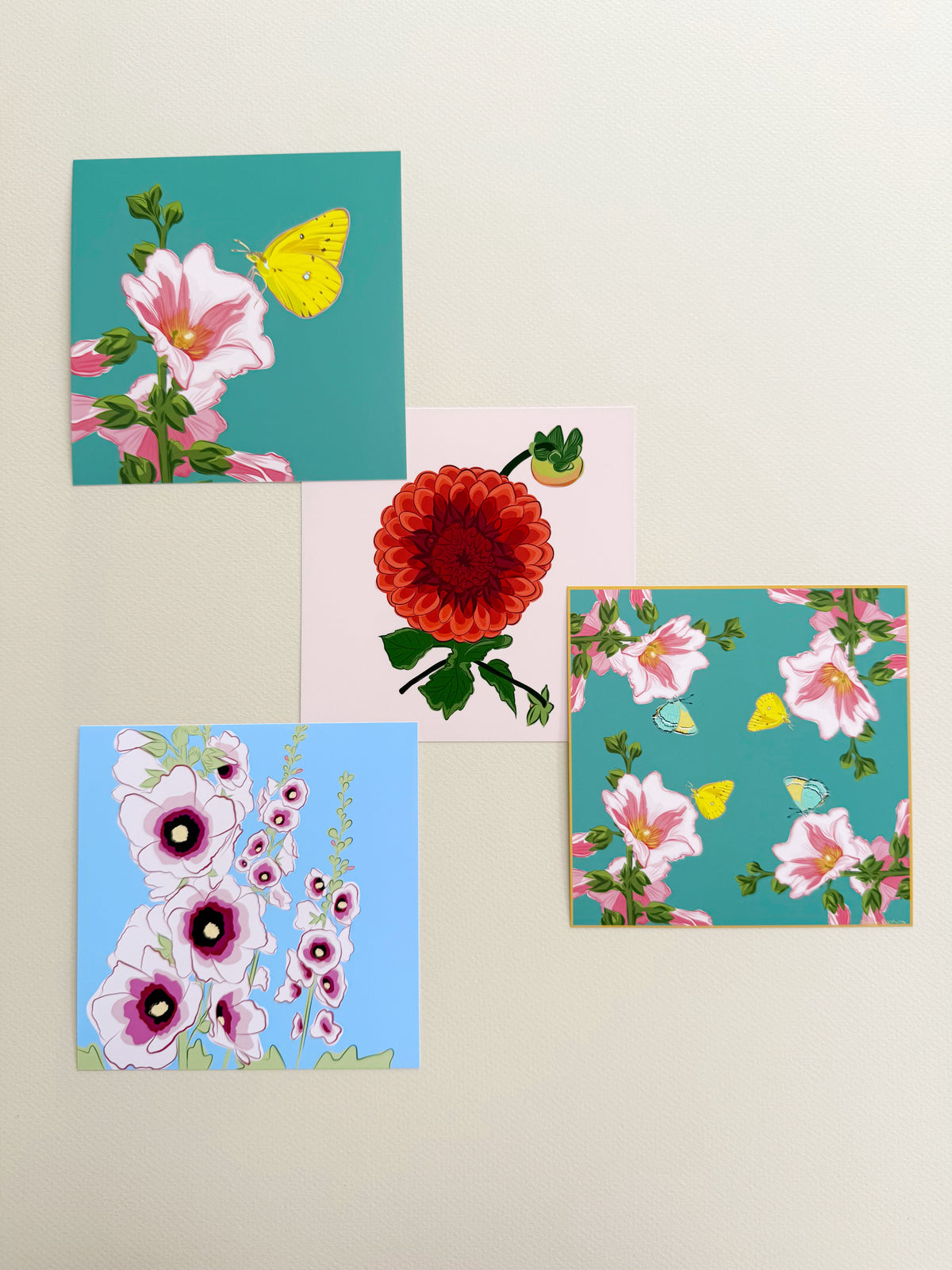 AE. Hollyhocks with a Lemon Yellow Butterfly Print