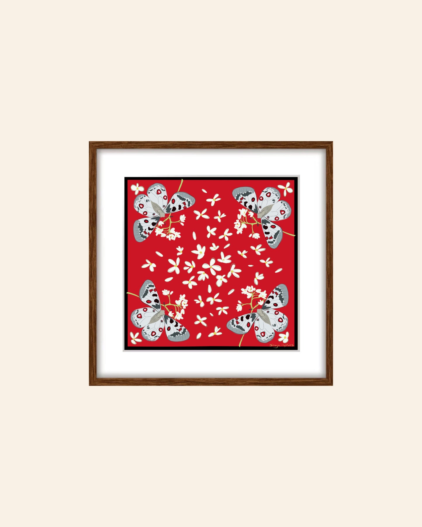 AE. Gray Moths with White Flowers on Red Four Corner Repeat Print