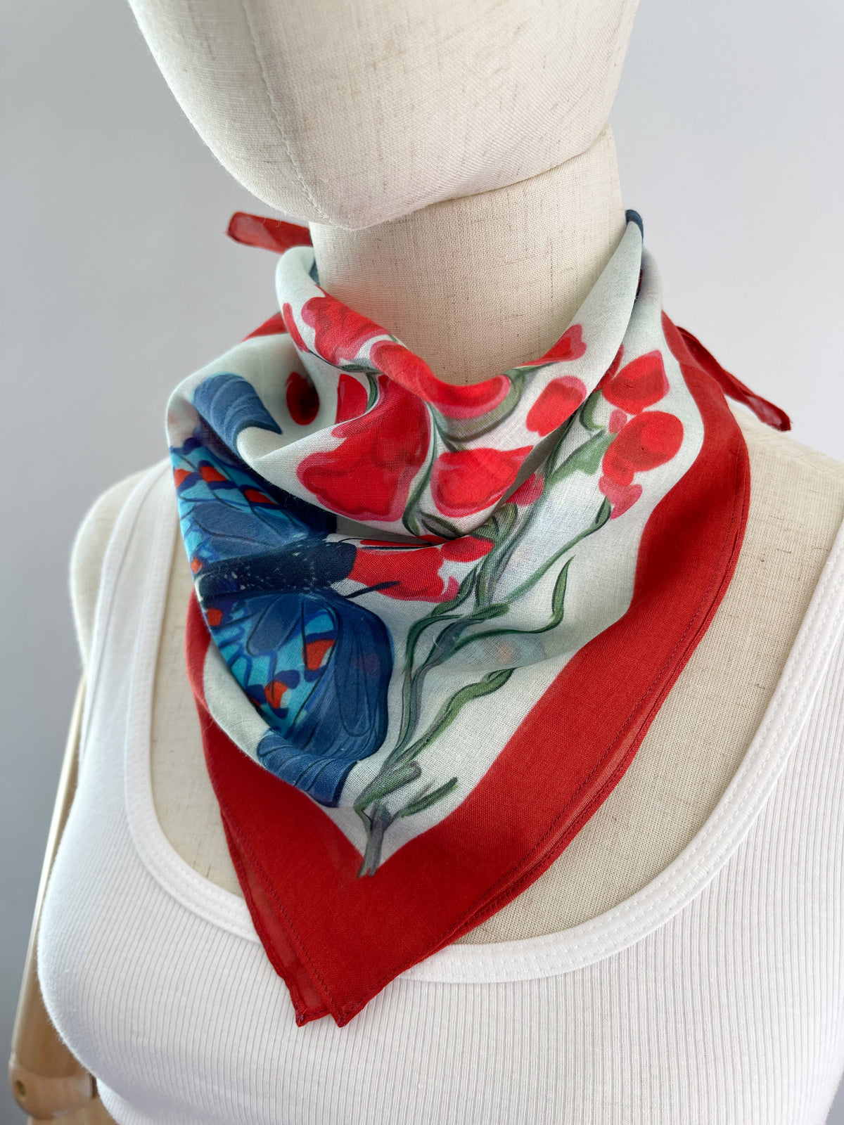 AE. Aqua Butterflies with Red Flowers Four Corner Repeat Print