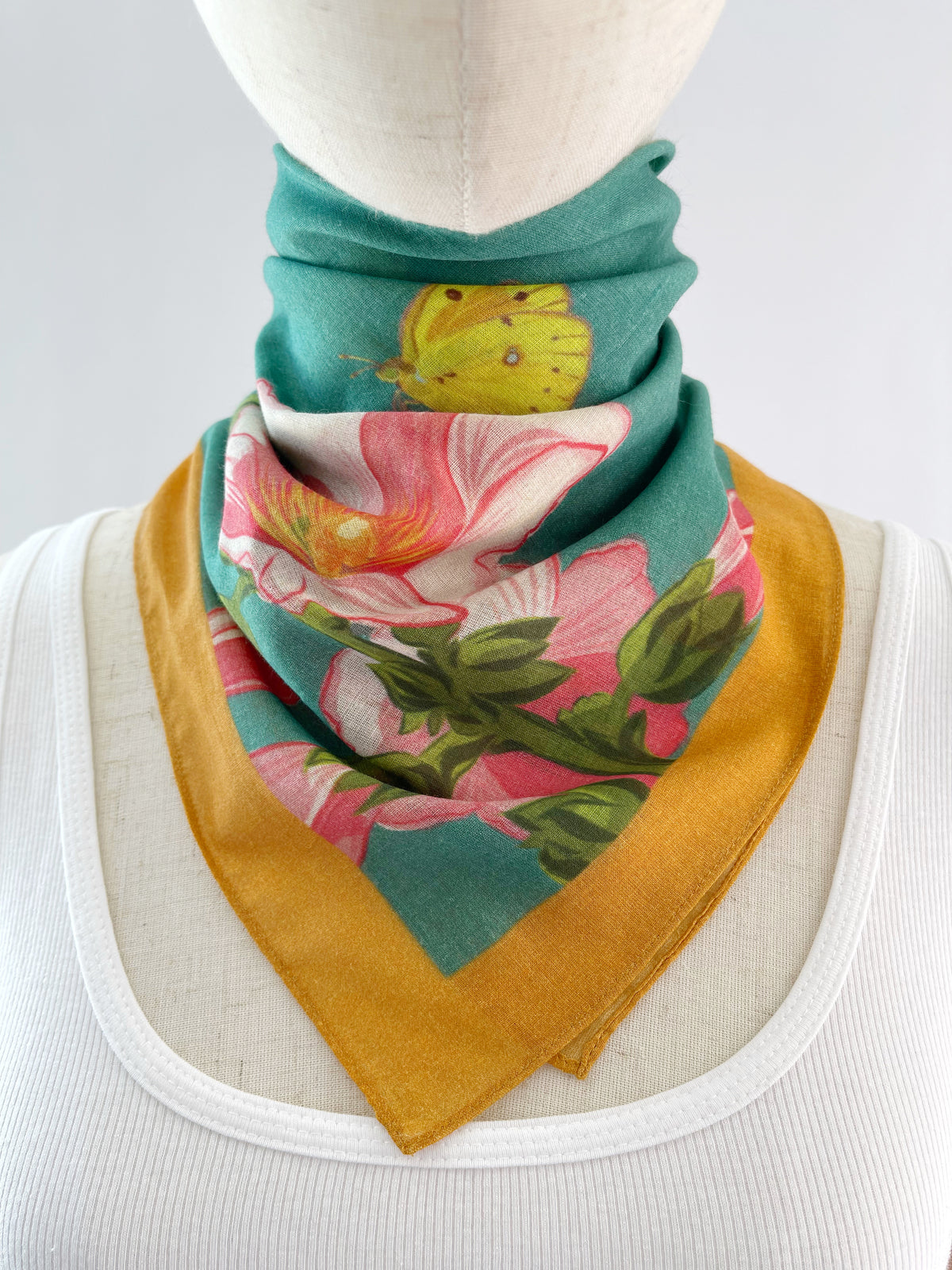 AE. Hollyhocks with a Lemon Yellow Butterfly Four Corner Repeat Print