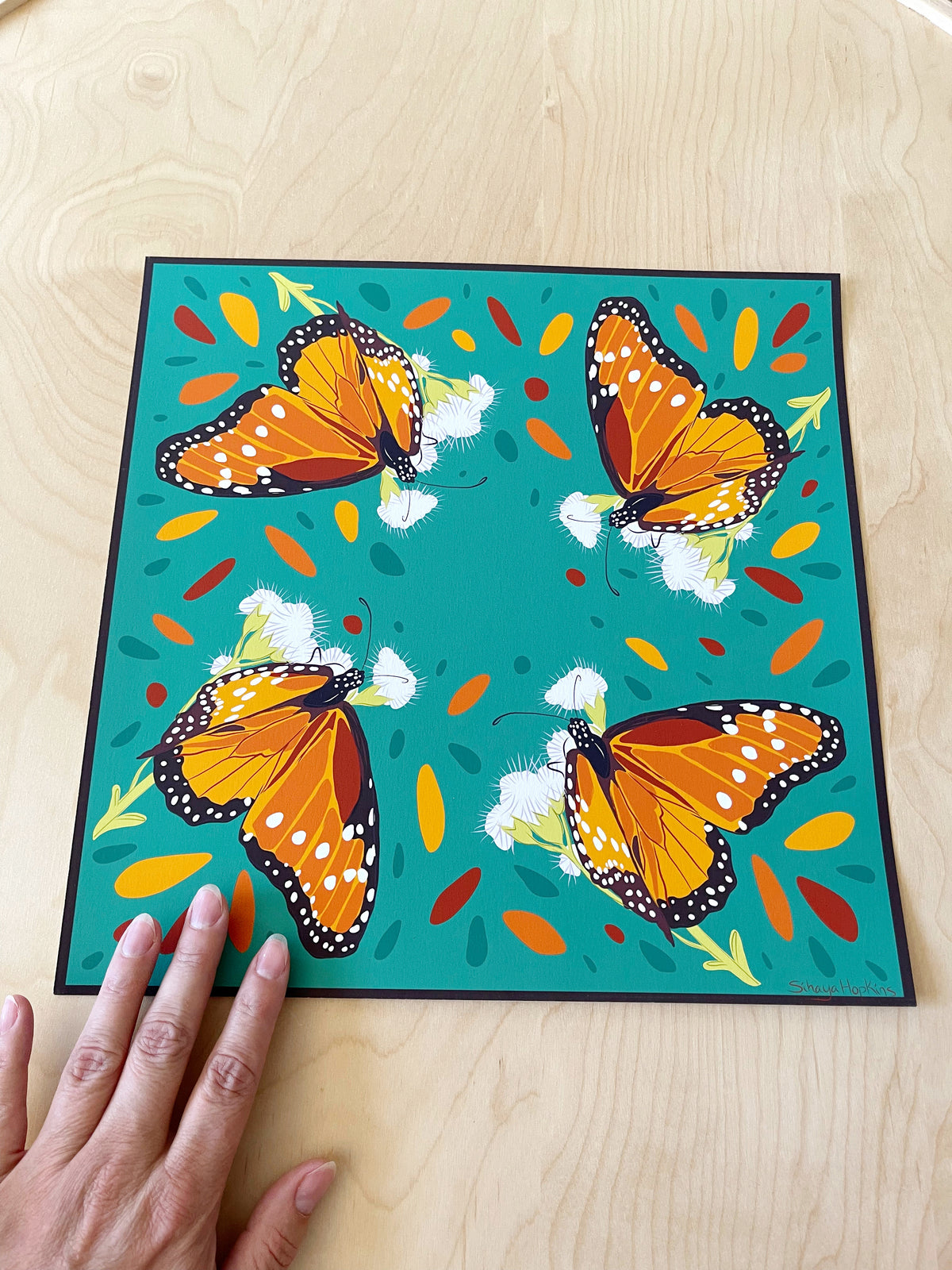 AE. Monarch Butterfly Teal Background Four Corner Repeat Print