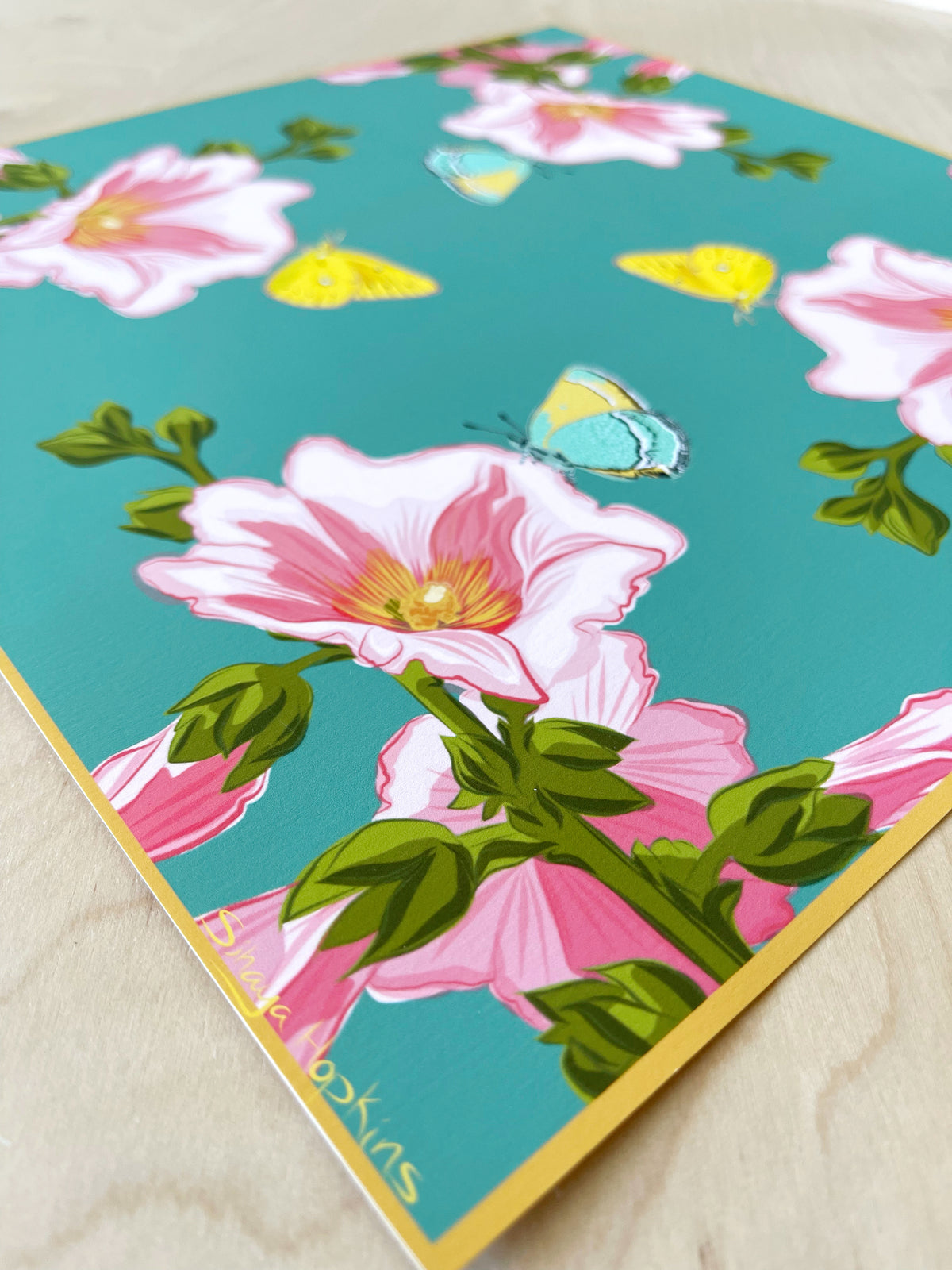 AE. Hollyhocks with a Lemon Yellow Butterfly Four Corner Repeat Print