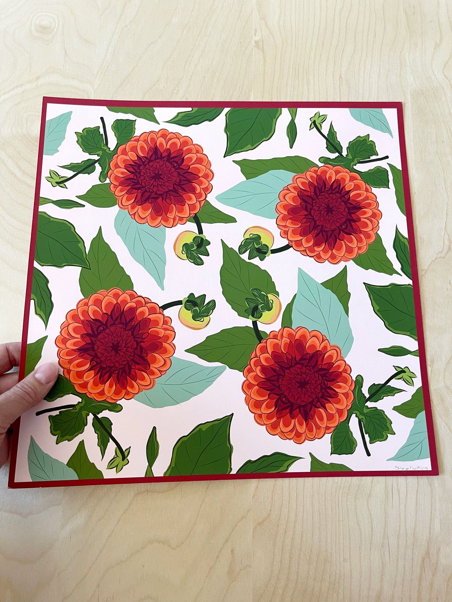 AE. Garnet Dahlias Four Corner Repeat Print