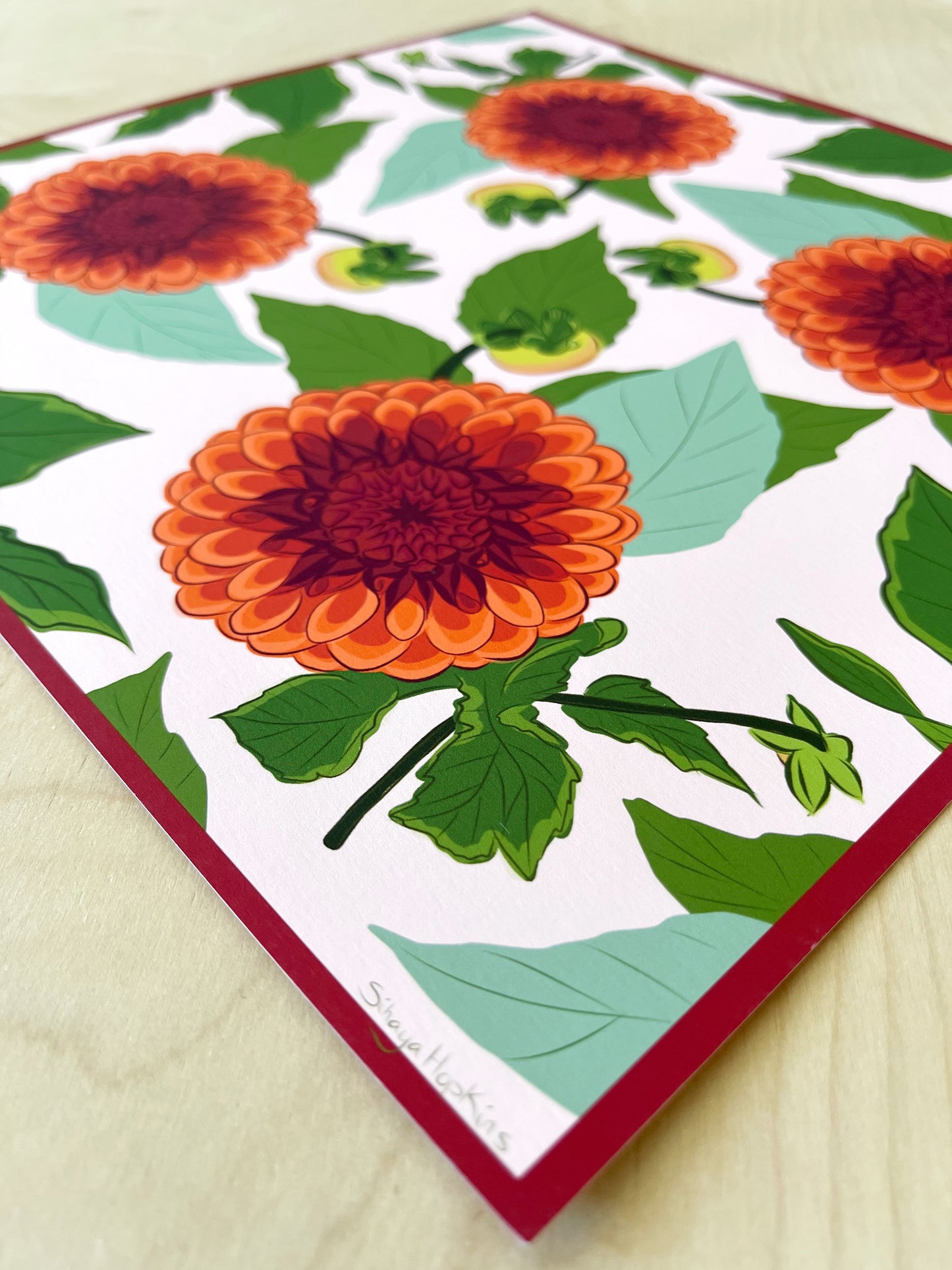 AE. Garnet Dahlias Four Corner Repeat Print