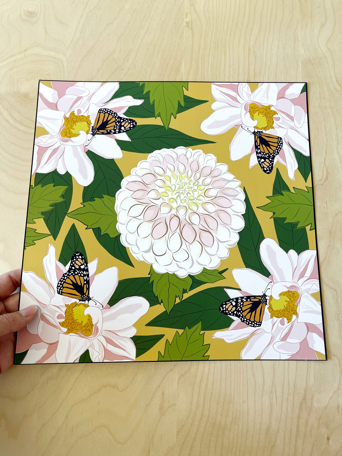 AE. Monarch Butterflies on a Pink Dahlias Four Corner Repeat Print