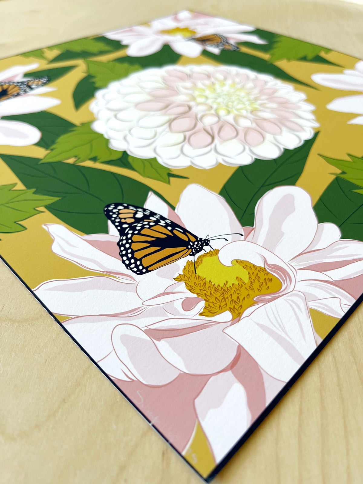 AE. Monarch Butterflies on a Pink Dahlias Four Corner Repeat Print
