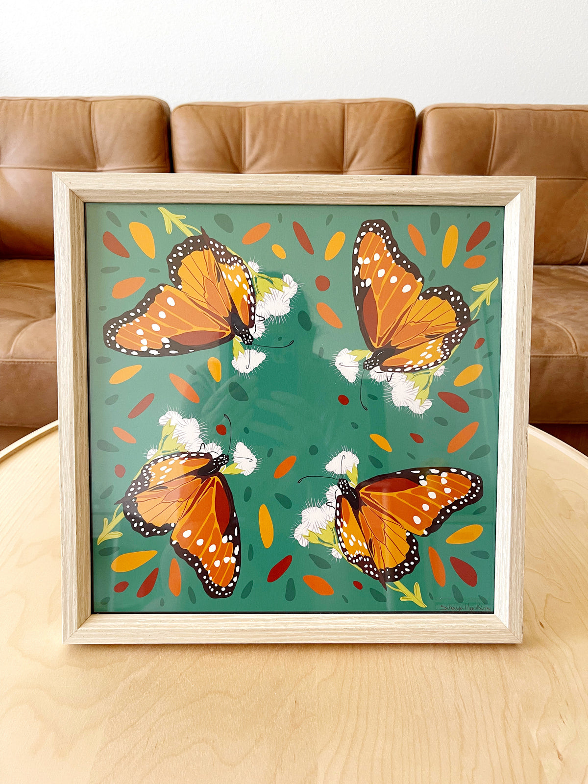 AE. Monarch Butterfly Teal Background Four Corner Repeat Print