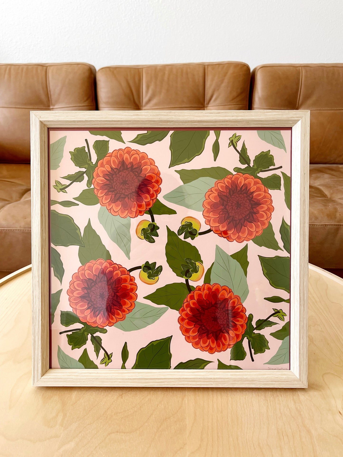 AE. Garnet Dahlias Four Corner Repeat Print