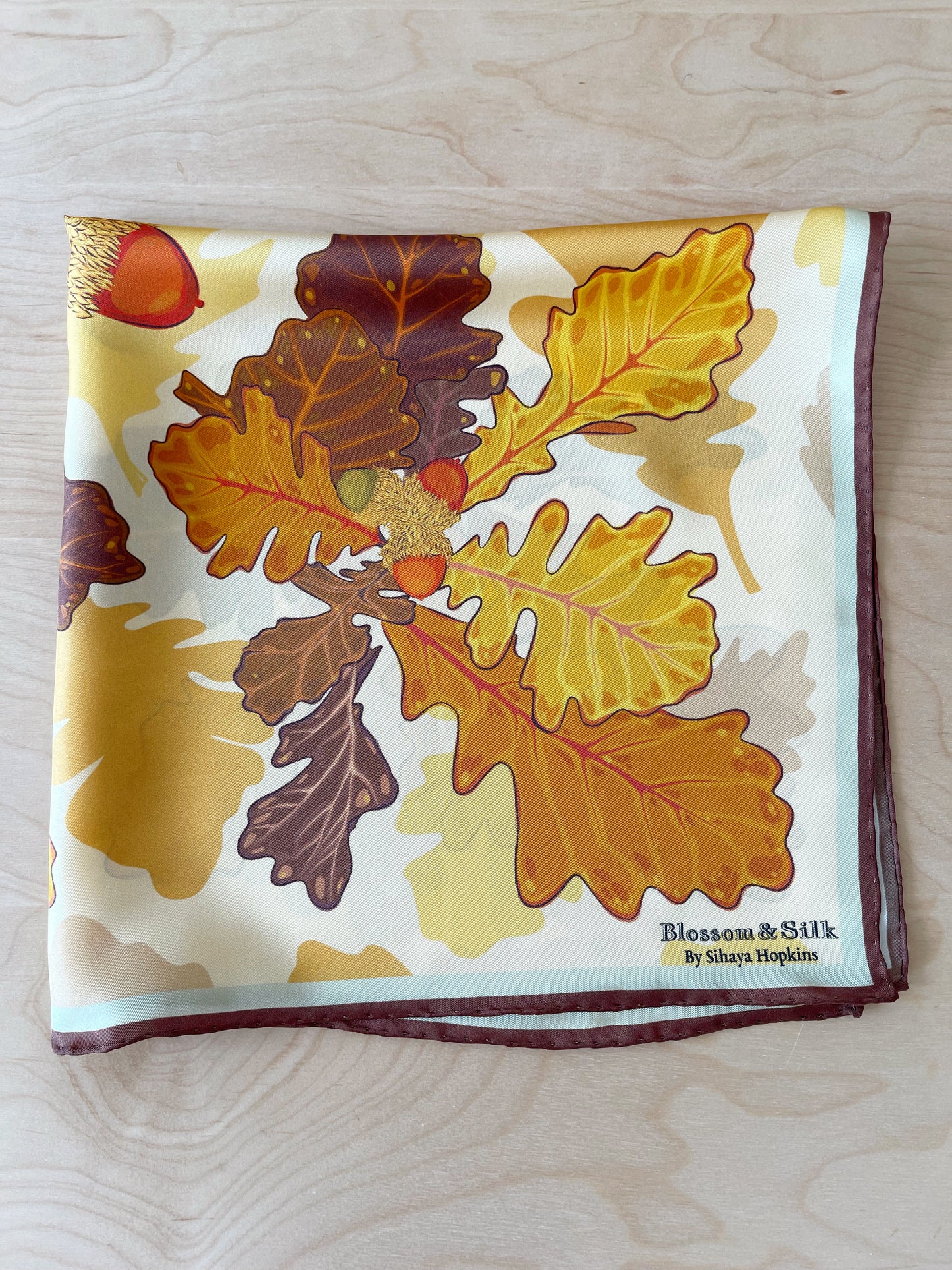 CE. Made to Order Silk Twill Bur Oak scarf 23” square