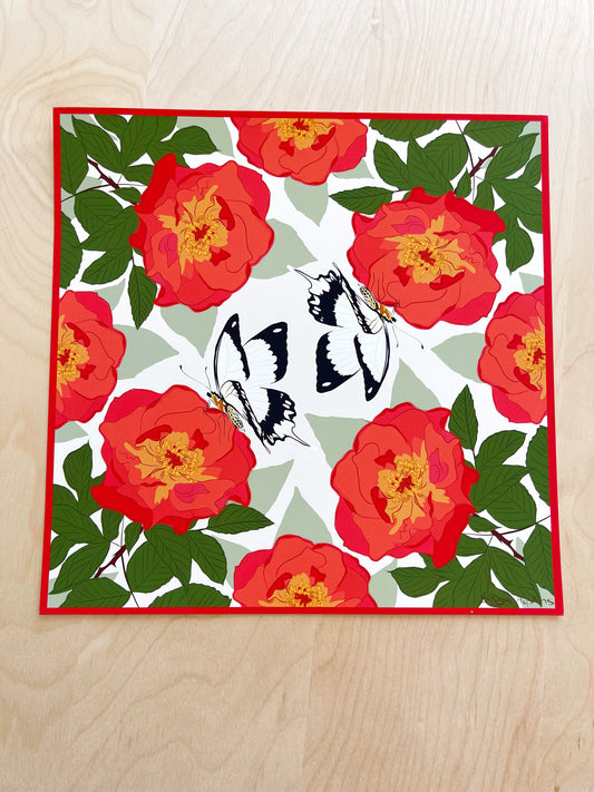 AE. Red Roses and White Butterflies Four Corner Repeat Print