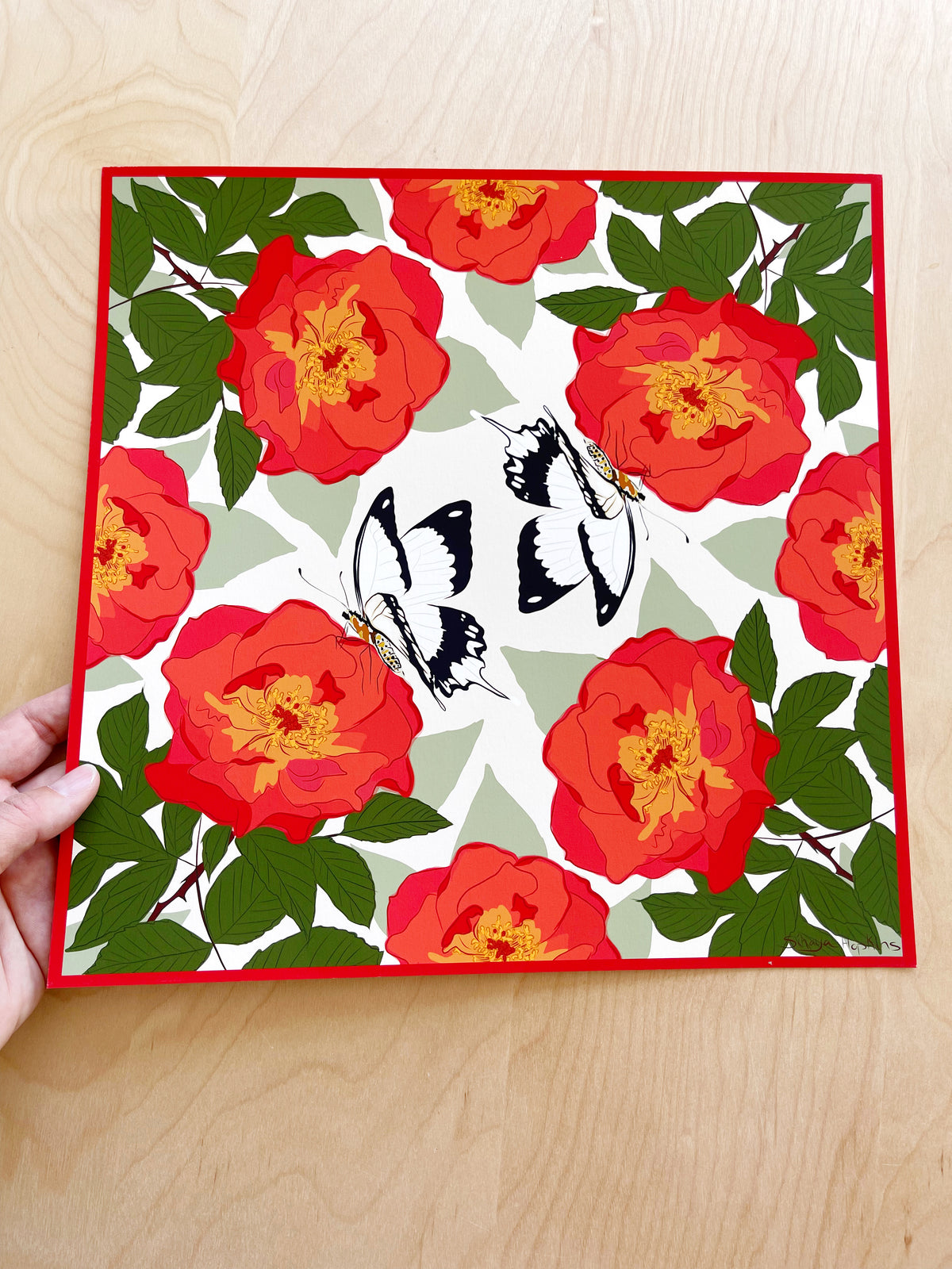 AE. Red Roses and White Butterflies Four Corner Repeat Print