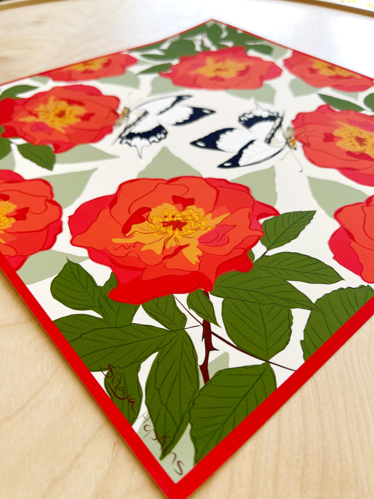 AE. Red Roses and White Butterflies Four Corner Repeat Print