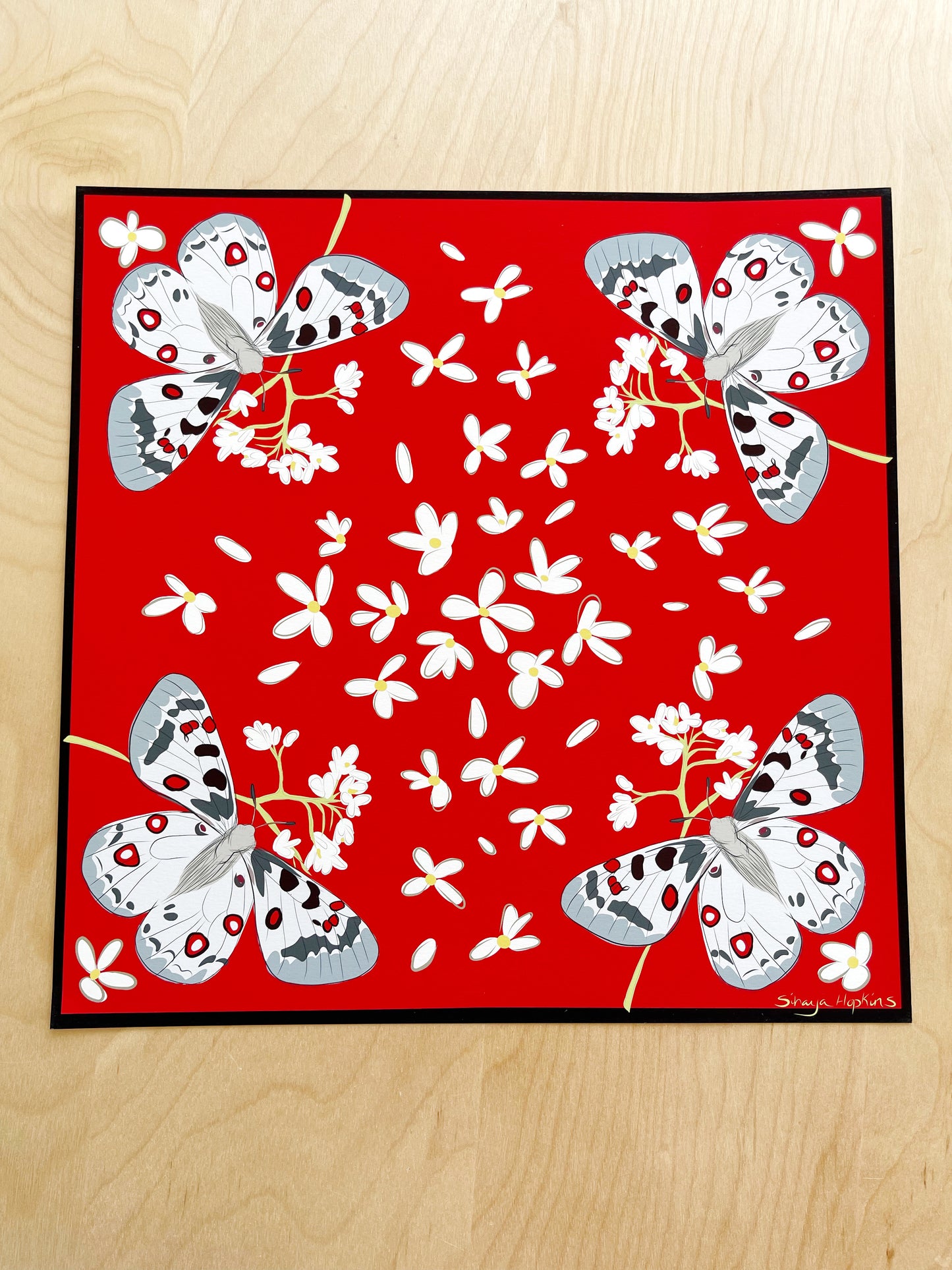 AE. Gray Moths with White Flowers on Red Four Corner Repeat Print