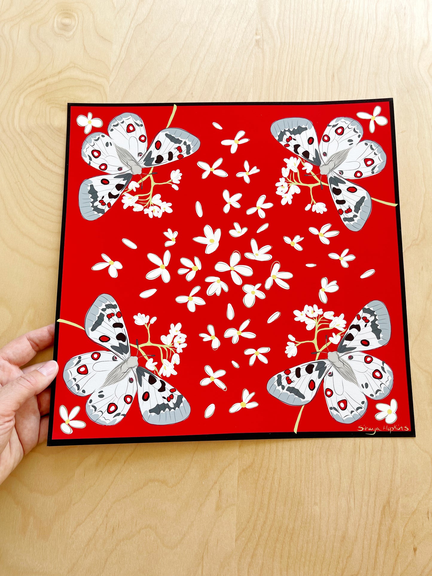 AE. Gray Moths with White Flowers on Red Four Corner Repeat Print
