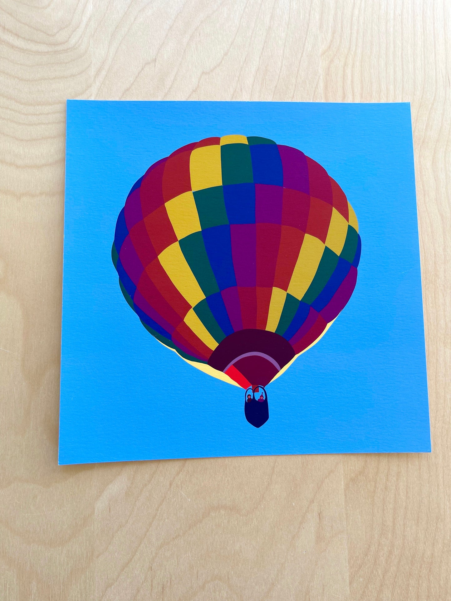 CB. Print of my shadowed Rainbow Hot Air Balloon drawing 8” square