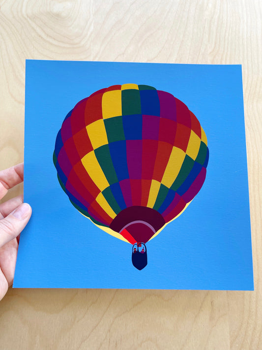 CB. Print of my shadowed Rainbow Hot Air Balloon drawing 8” square
