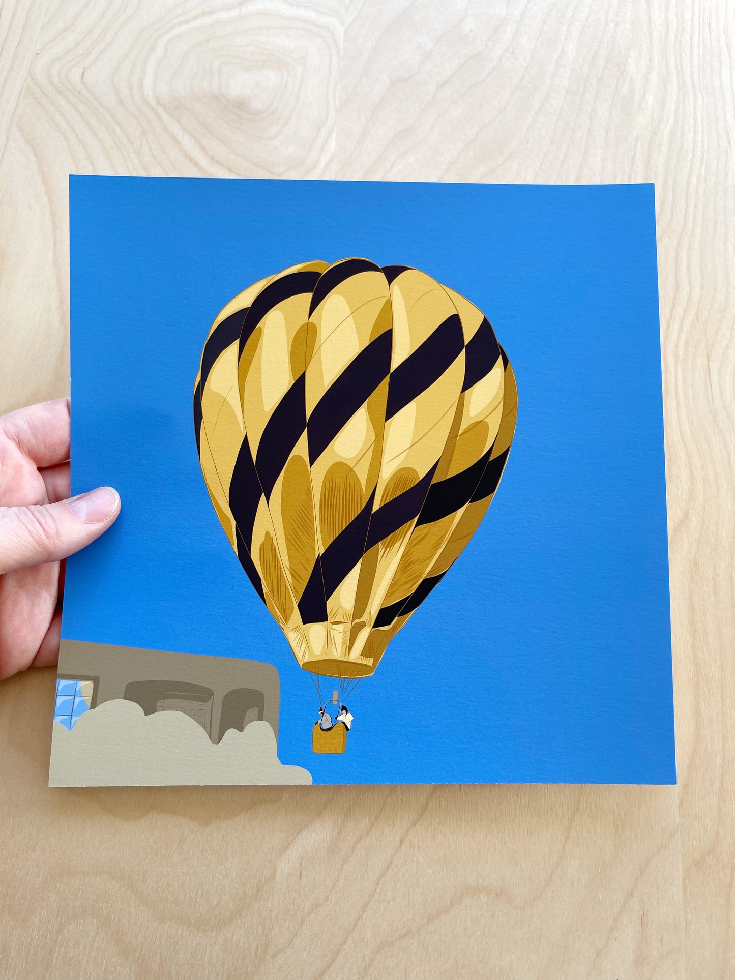 CB. Print of my Black & Gold Hot Air Balloon drawing 8” square
