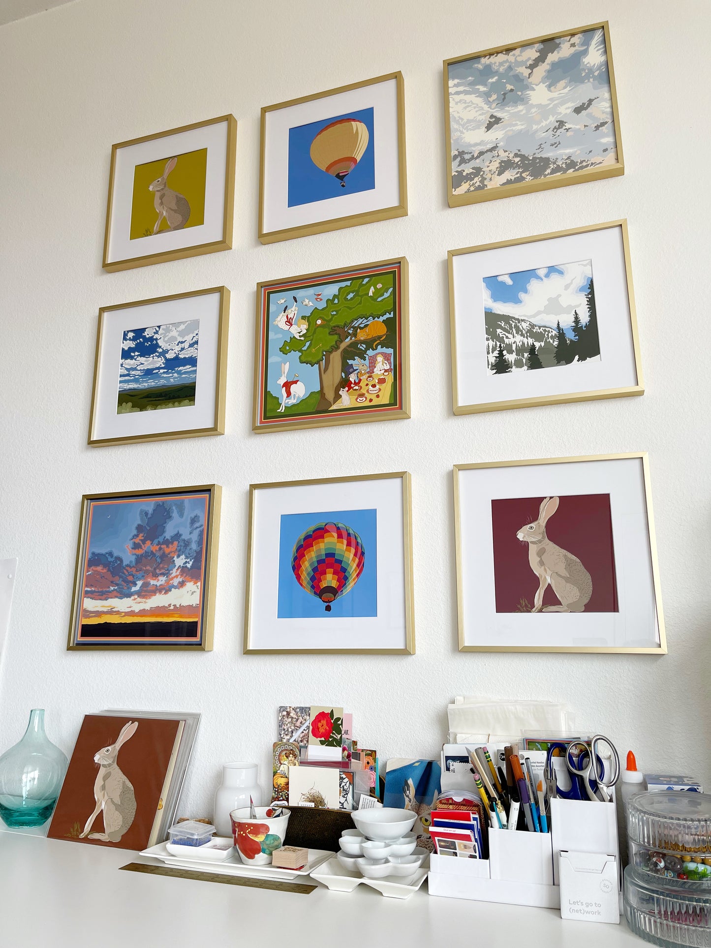 AB. Print of my Jackrabbit drawing 8” square Beetroot background