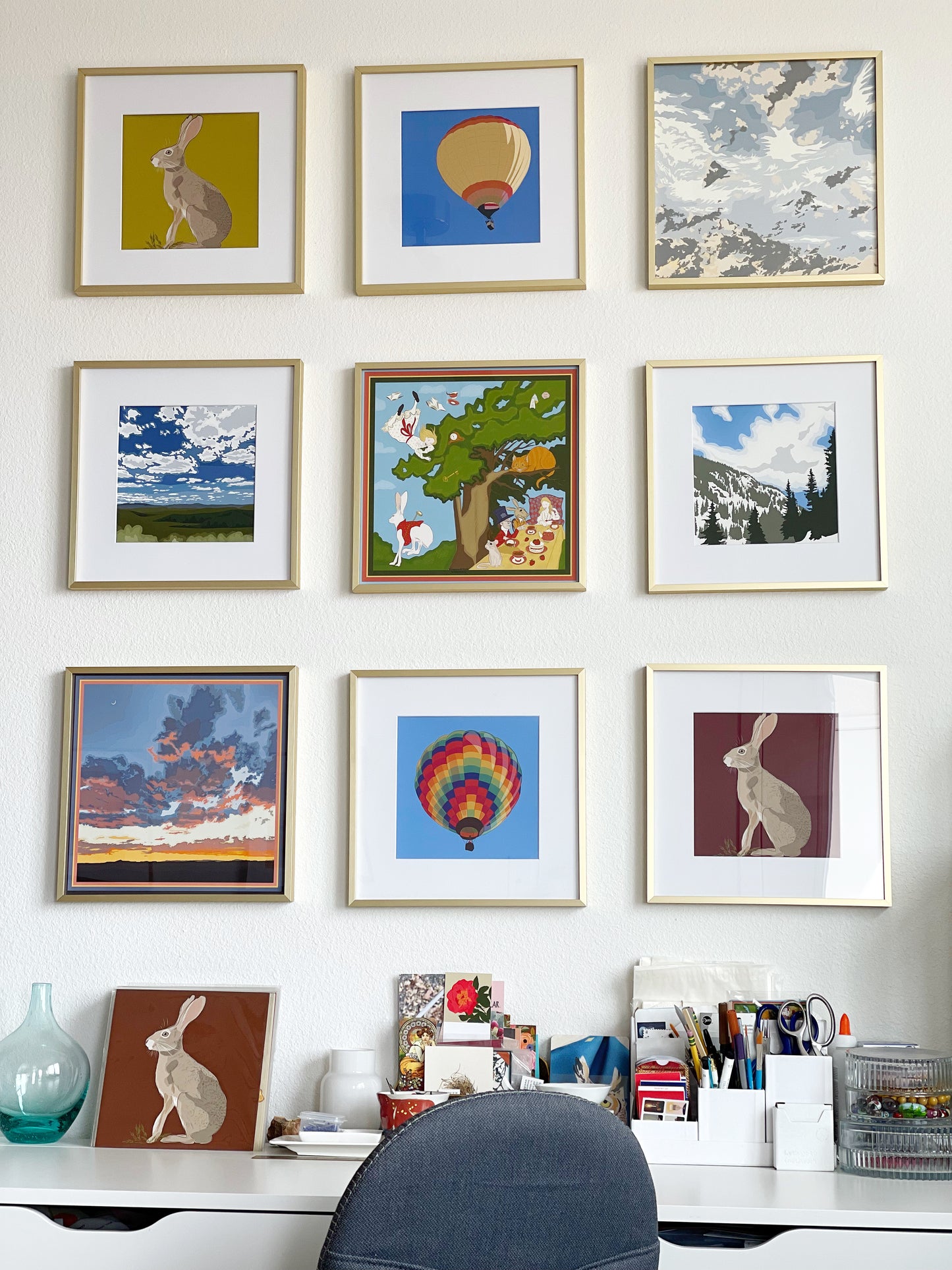 AB. Print of my Jackrabbit drawing 8” square peridot green background