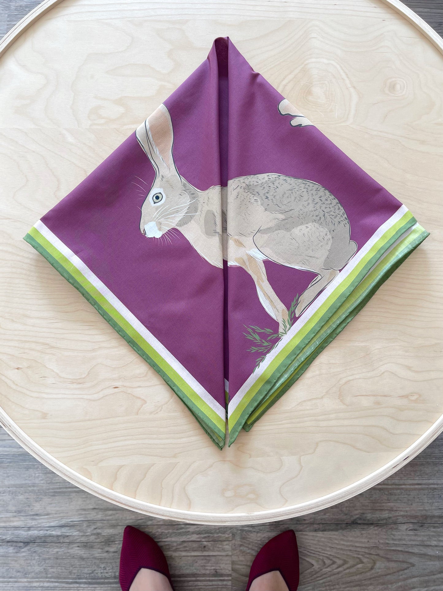 AB. Special Order Jackrabbit on Beetroot Background Pima Cotton Lawn 26” square scarf