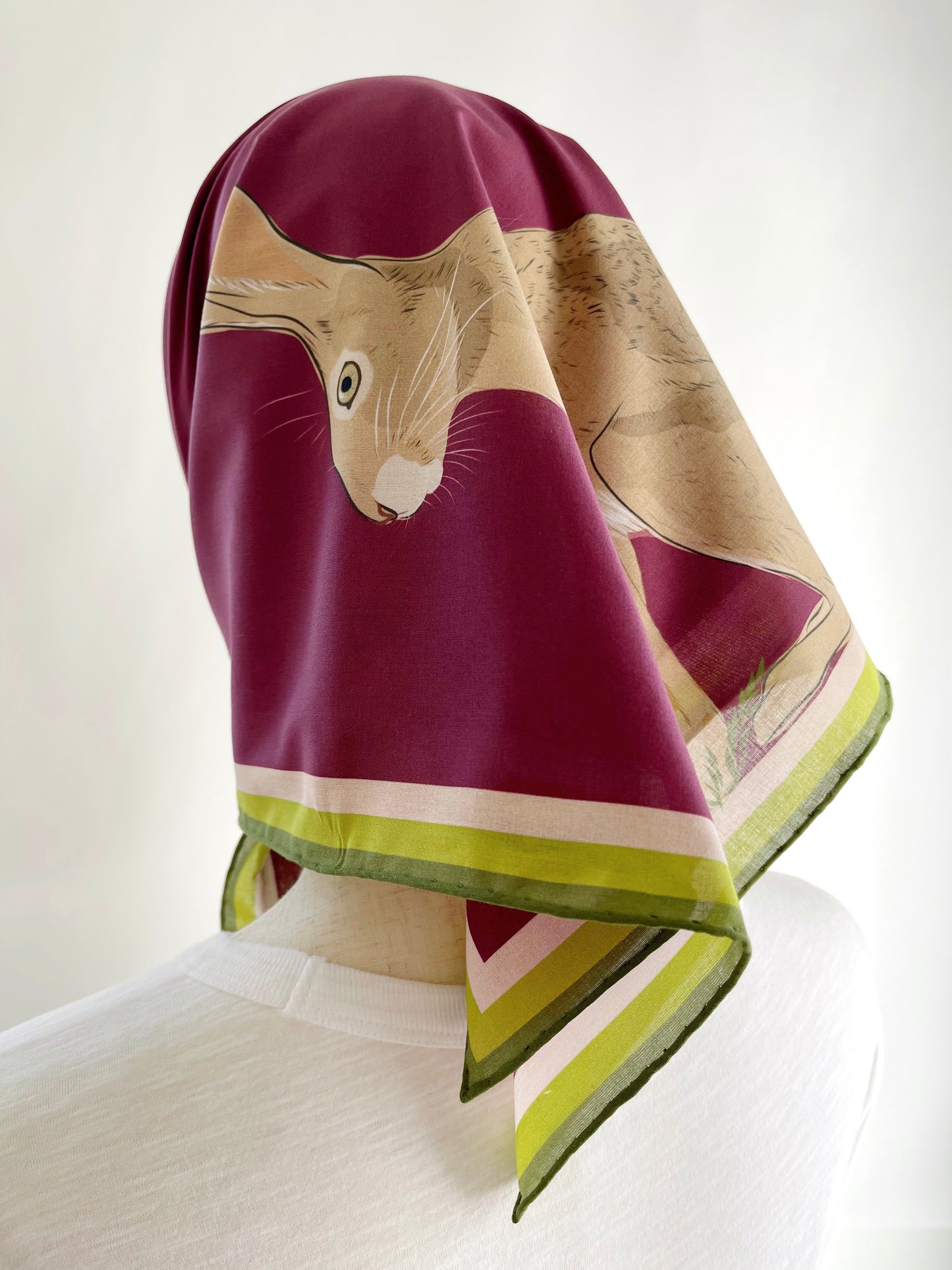 AB. Special Order Jackrabbit on Beetroot Background Pima Cotton Lawn 26” square scarf