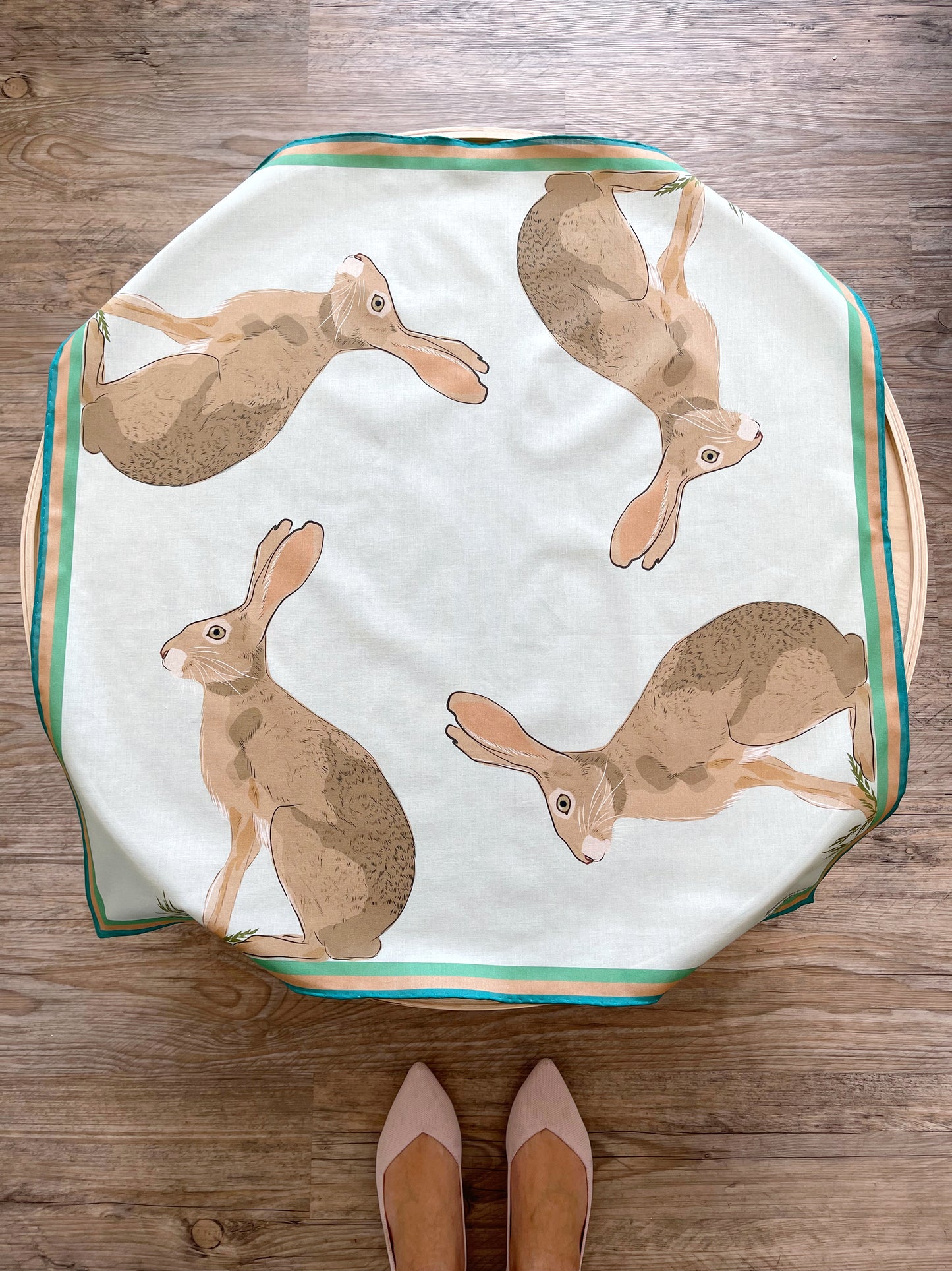 AB. Special Order Jackrabbit on a pale Robin egg blue Background Pima Cotton Lawn 26” square scarf