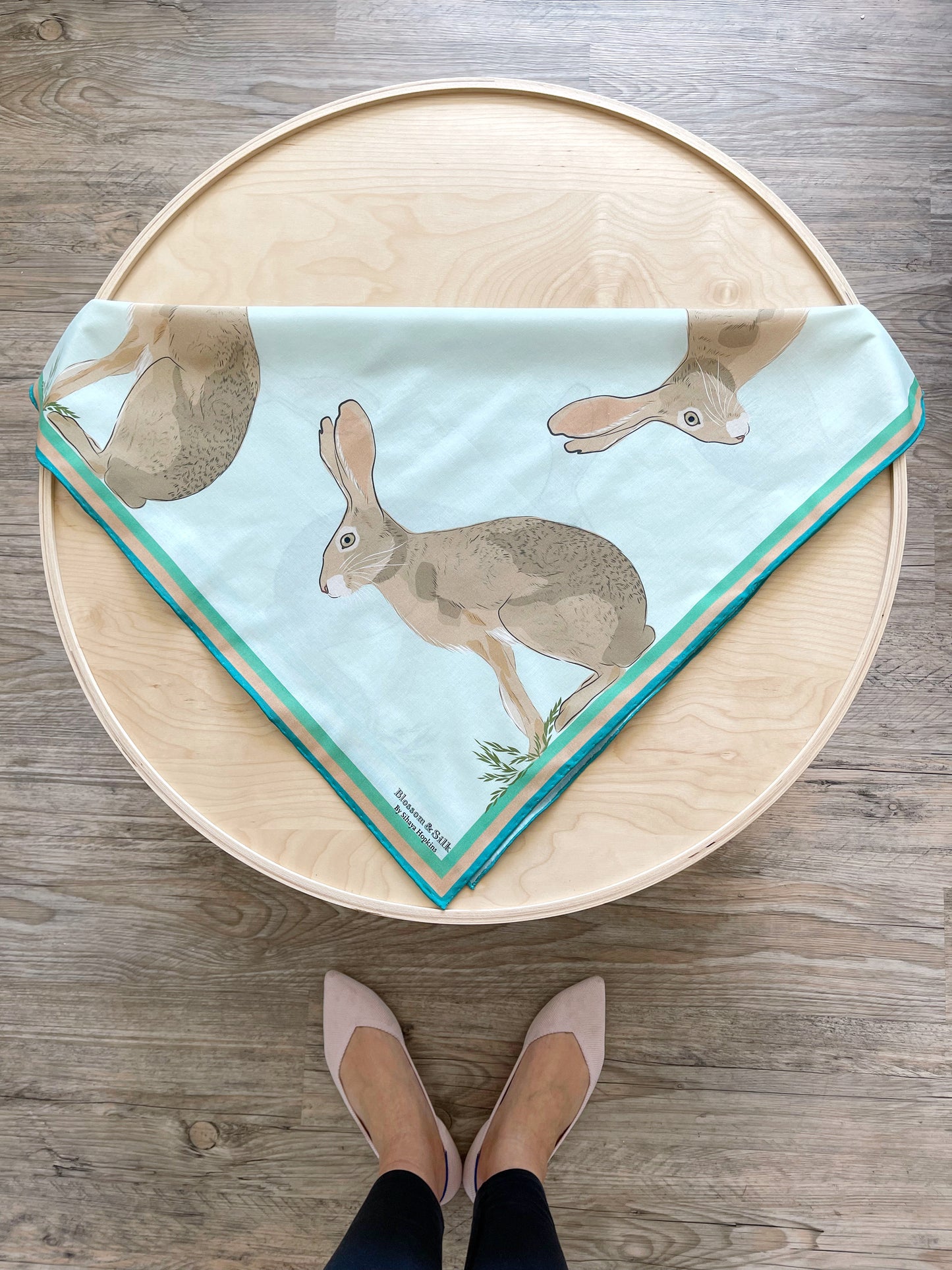 AB. Special Order Jackrabbit on a pale Robin egg blue Background Pima Cotton Lawn 26” square scarf