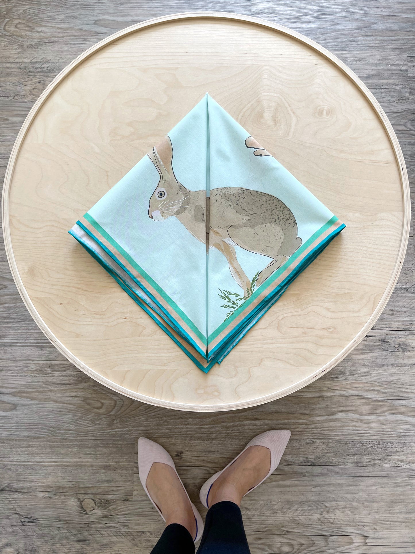 AB. Special Order Jackrabbit on a pale Robin egg blue Background Pima Cotton Lawn 26” square scarf