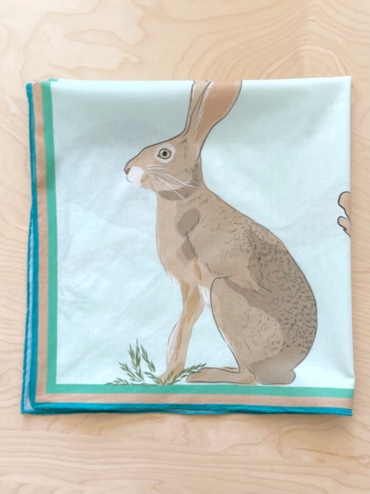 AB. Special Order Jackrabbit on a pale Robin egg blue Background Pima Cotton Lawn 26” square scarf