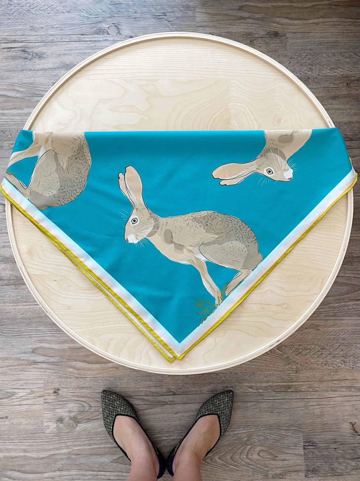 AB. Special Order Jackrabbit on a turquoise blue background Pima Cotton Lawn 26” square scarf