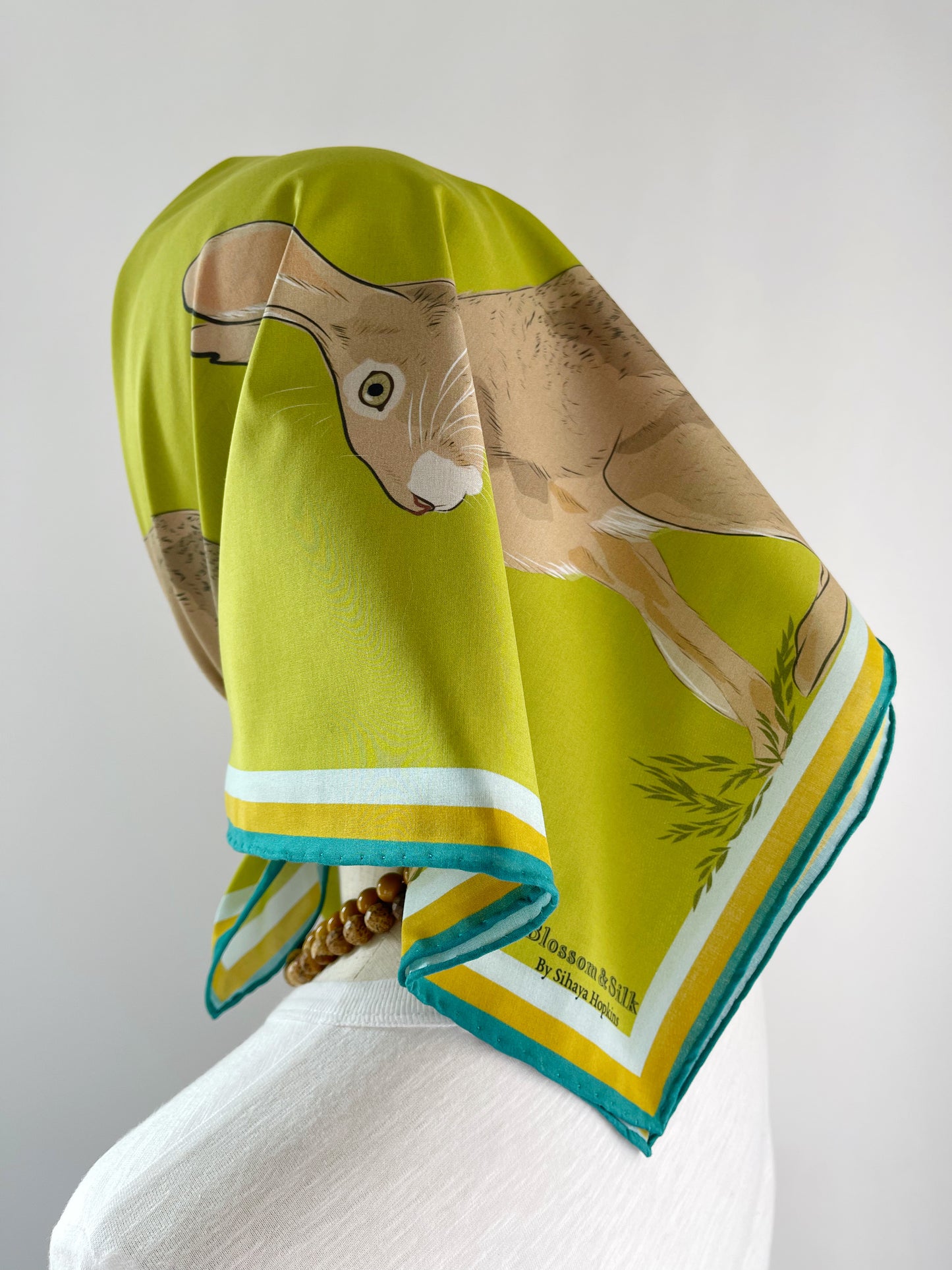 AB. Special Order Jackrabbit on a Peridot Green Background Pima Cotton Lawn 26” square scarf