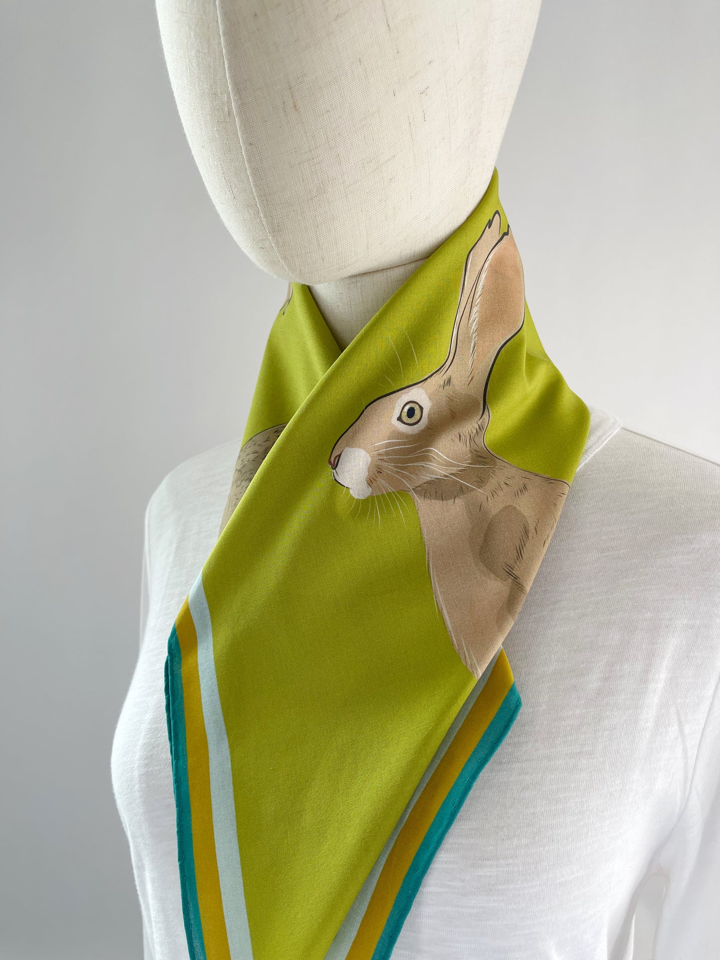 AB. Special Order Jackrabbit on a Peridot Green Background Pima Cotton Lawn 26” square scarf