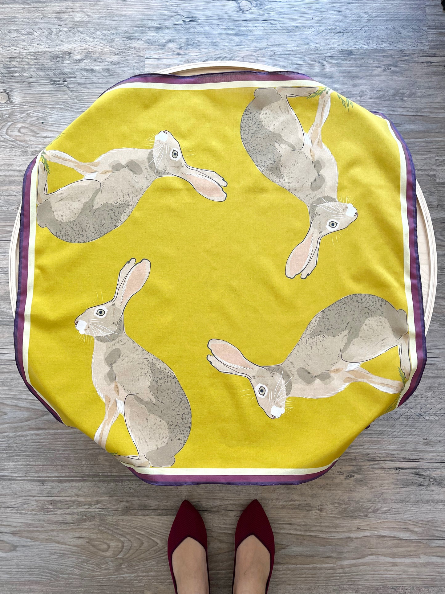 AB. Special Order Jackrabbit on an Egg Yoke Yellow Background Pima Cotton Lawn 26” square scarf