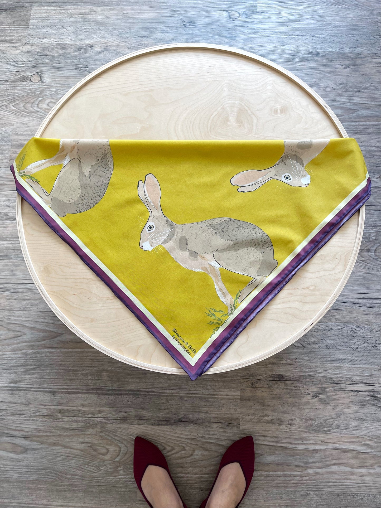 AB. Special Order Jackrabbit on an Egg Yoke Yellow Background Pima Cotton Lawn 26” square scarf