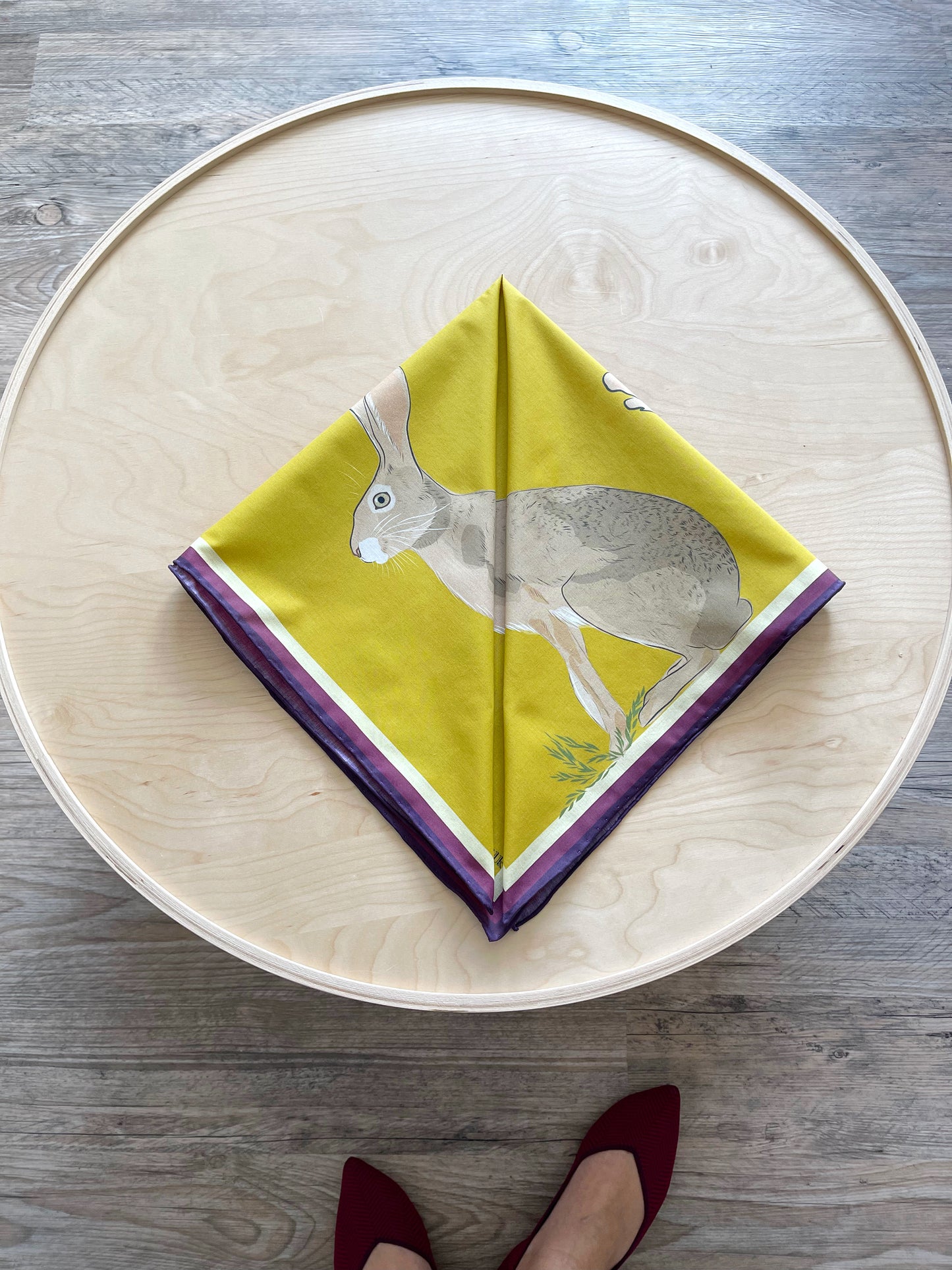 AB. Special Order Jackrabbit on an Egg Yoke Yellow Background Pima Cotton Lawn 26” square scarf