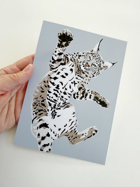 A. Playful Bobcat drawing 5x7” Print on a light gray background