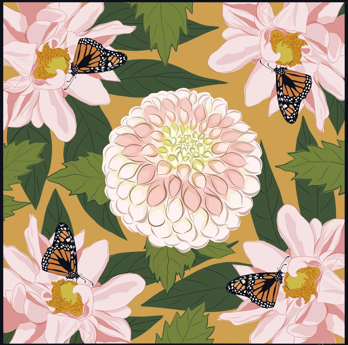 AE. Monarch Butterflies on a Pink Dahlias Four Corner Repeat Print